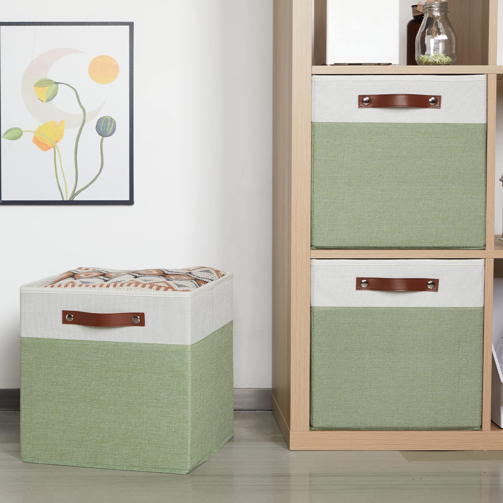 HNZIGE 13x13 Inch Fabric Cube Storage Bins Set of 4 - Collapsible Canvas Storage Baskets for Shelves, Closet Organizer, Nursery, Toy Storage - Green & White - Perfect for Home Organization, Kids Room & Office Storage