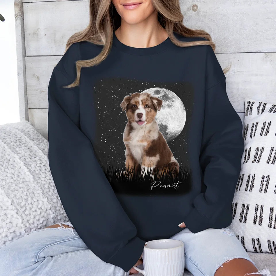 Custom Vintage Full Moon Pet Photo Sweatshirt - Personalized Dog Cat Lover Gift - Cozy Pullover for Family Matching Outfits, Couple Wear & Pet Memorial