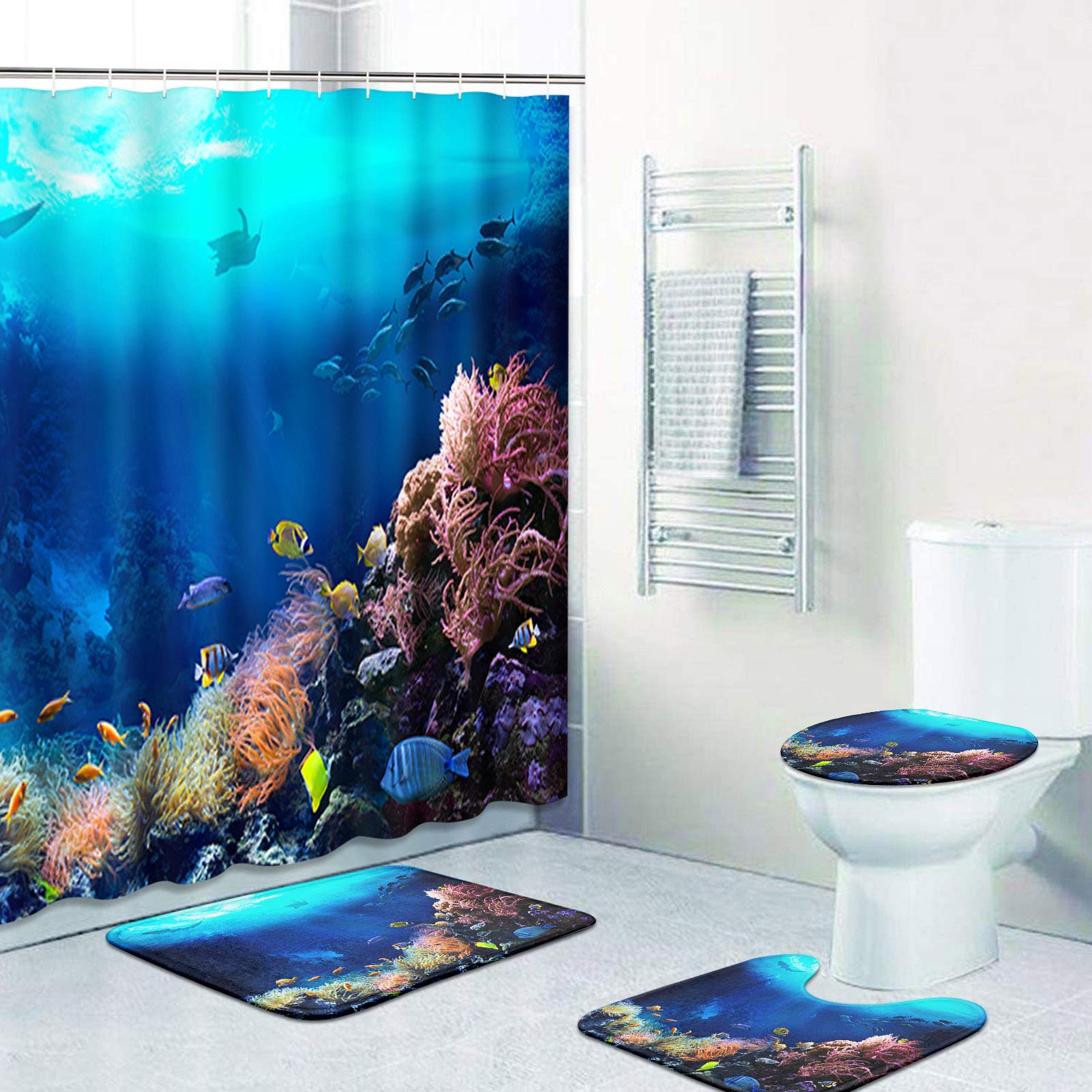 ArtSocket Underwater Coral Reef Bathroom Set - Tropical Ocean Fish Shower Curtain & Non-Slip Rugs 4 Piece Bath Accessories | Marine Aquatic Decor for Beach Themed Bathrooms & Kids' Bathroom Decor