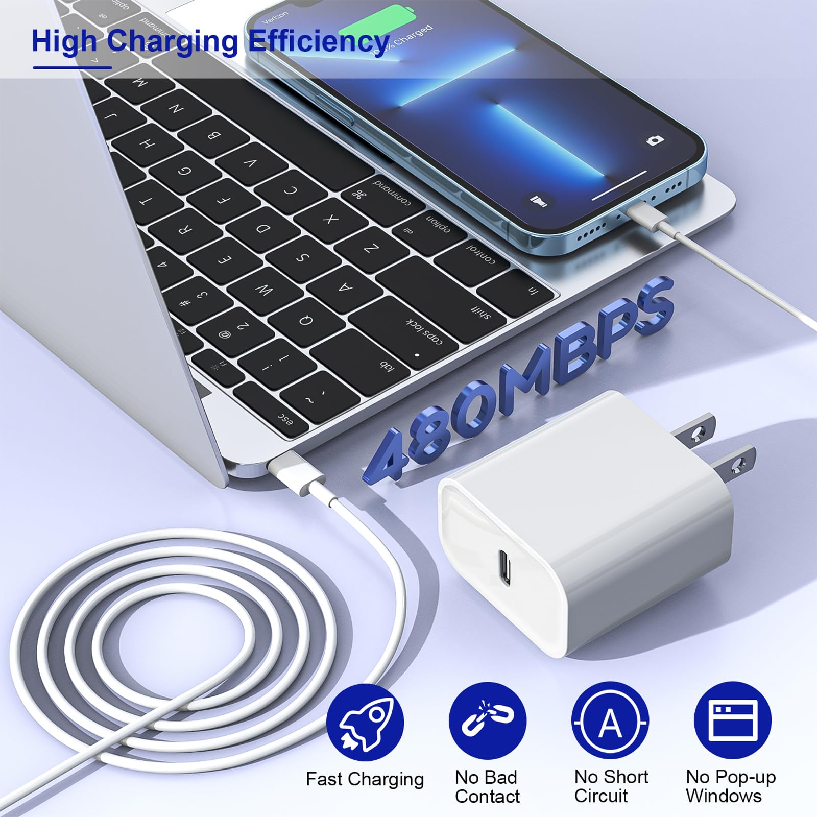 20W Apple Fast Charger with 10FT Extra Long Lightning Cable - USB C Wall Charger Block for iPhone 14/13/12/11/X/XR/SE & iPad - Super Quick Charging Adapter for Travel, Home & Office Use