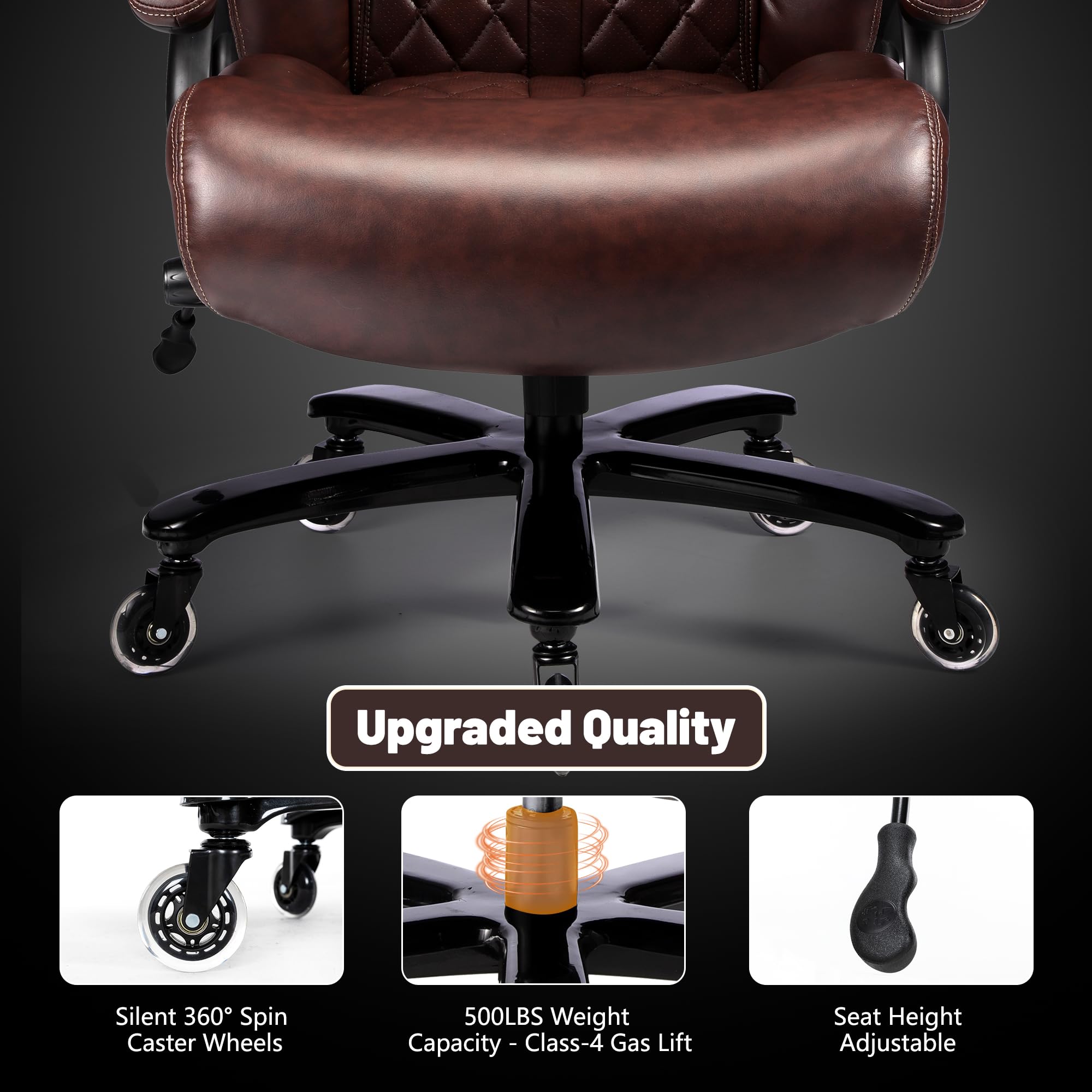 Premium 500lbs Big and Tall Executive Office Chair - Heavy Duty Leather Desk Chair with Adjustable Lumbar Support & Quiet Rubber Wheels - Ergonomic Computer Chair for Large Adults - Perfect for Home Office, Conference Rooms & Executive Suites (Brown)