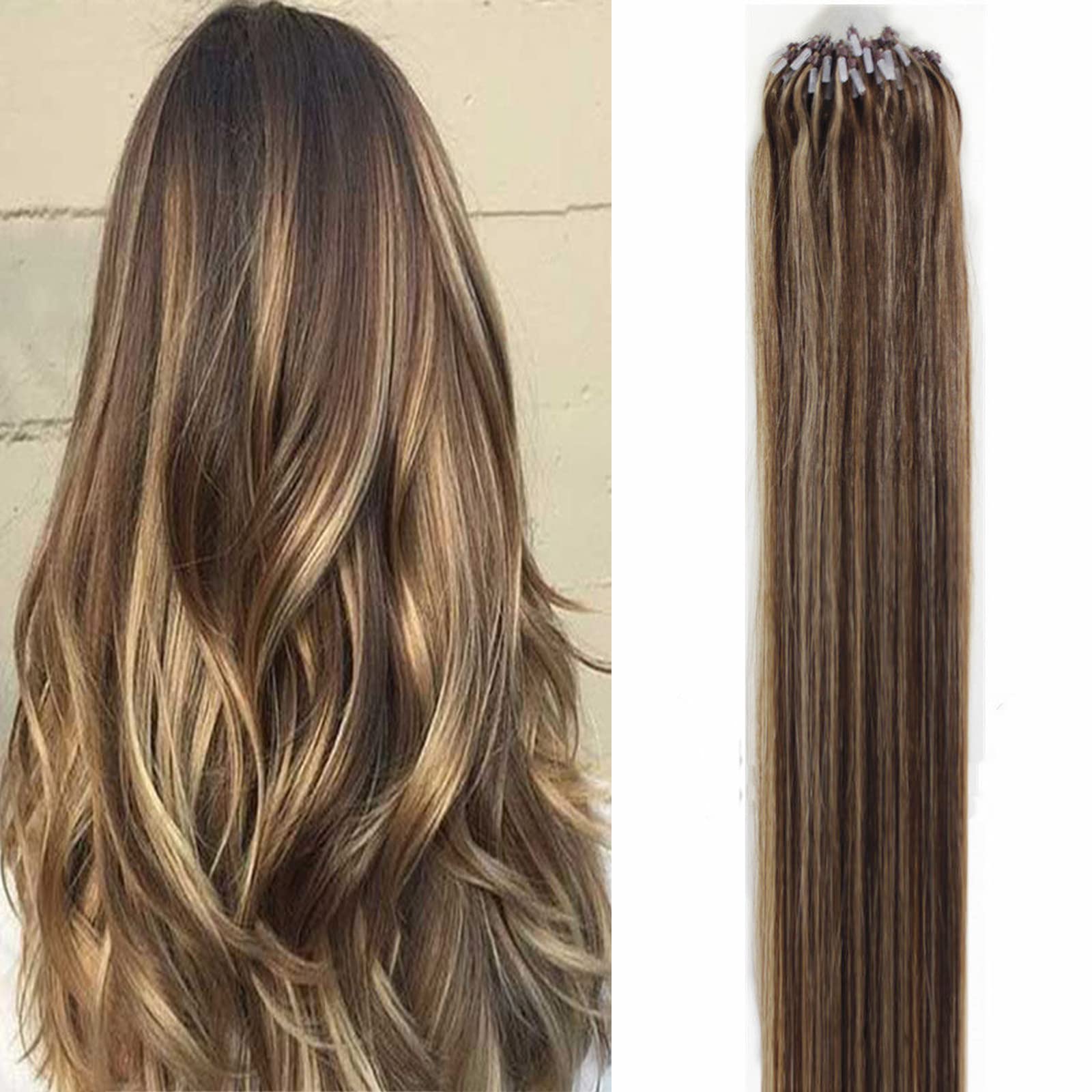 Micro Loop Hair Extensions 16 Inch - 100% Human Hair with Micro Beads & Rings, Medium Brown & Dark Blonde Balayage Highlights - Perfect for Daily Styling, Parties & Special Occasions