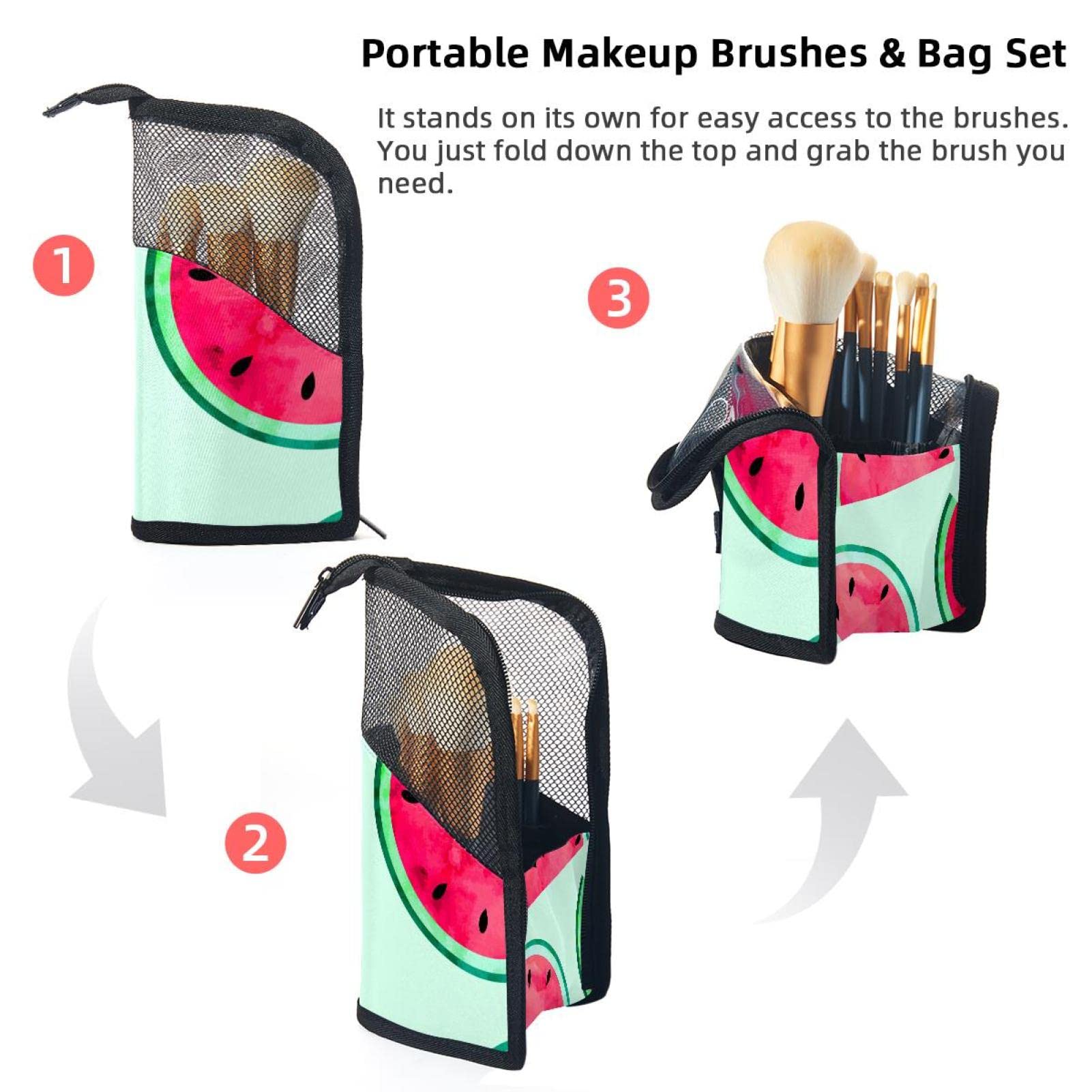 12-Piece Makeup Brush Organizer Bag with Watermelon Design - Portable Cosmetic Brush Holder Case for Travel, Home & Professional Use - Watercolor Paint Style Makeup Brush Storage Pouch