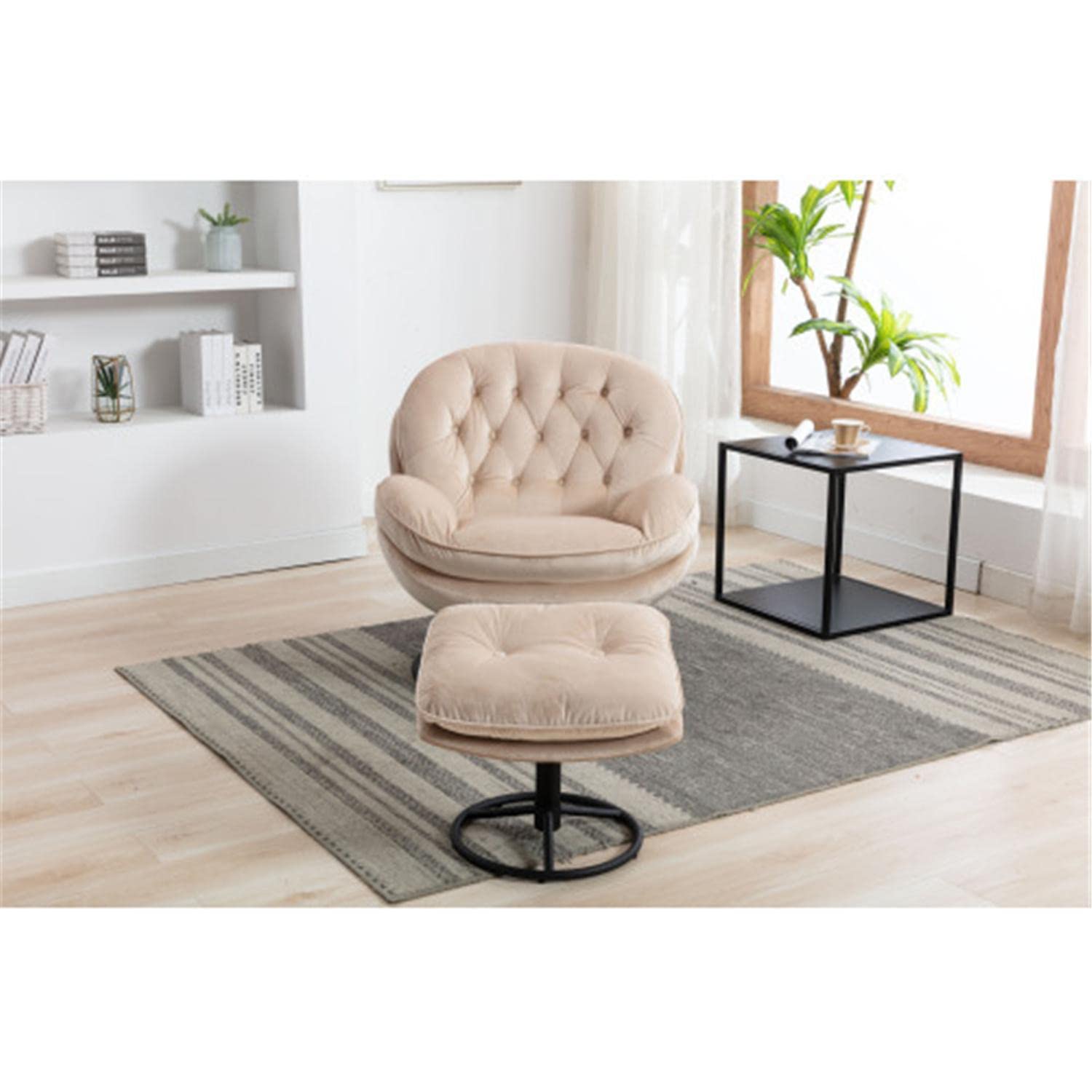 Velvet Swivel Accent Chair with Ottoman - Upholstered Lounge Chair with Footrest for Living Room, Bedroom or Office - Soft Beige Fabric Modern Comfort Chair