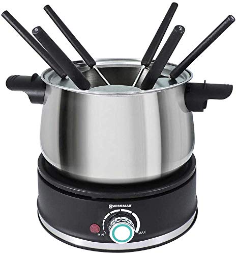 Swissmar Arolla 10-Piece Stainless Steel Electric Fondue Set - Multi-Purpose Fondue Pot for Cheese, Chocolate, Caramel, Oil & Broth - 2.1 Qt (2L) Capacity - Perfect for Parties, Date Nights & Family Gatherings - Great Wedding & Housewarming Gift