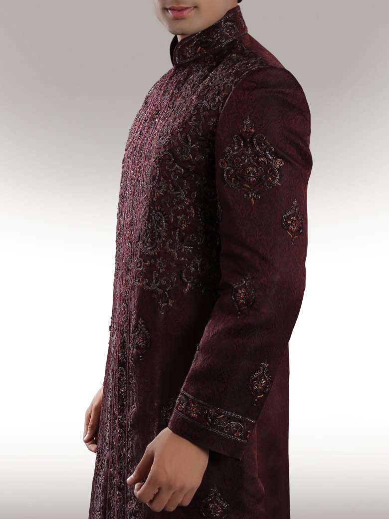 Aziz Groom Dark Maroon Sherwani for Men | Indian Wedding Sherwani Outfit | Elegant Ethnic Wear for Groom, Bridegroom & Wedding Party | Perfect for Indian Weddings, Sangeet & Reception Ceremonies