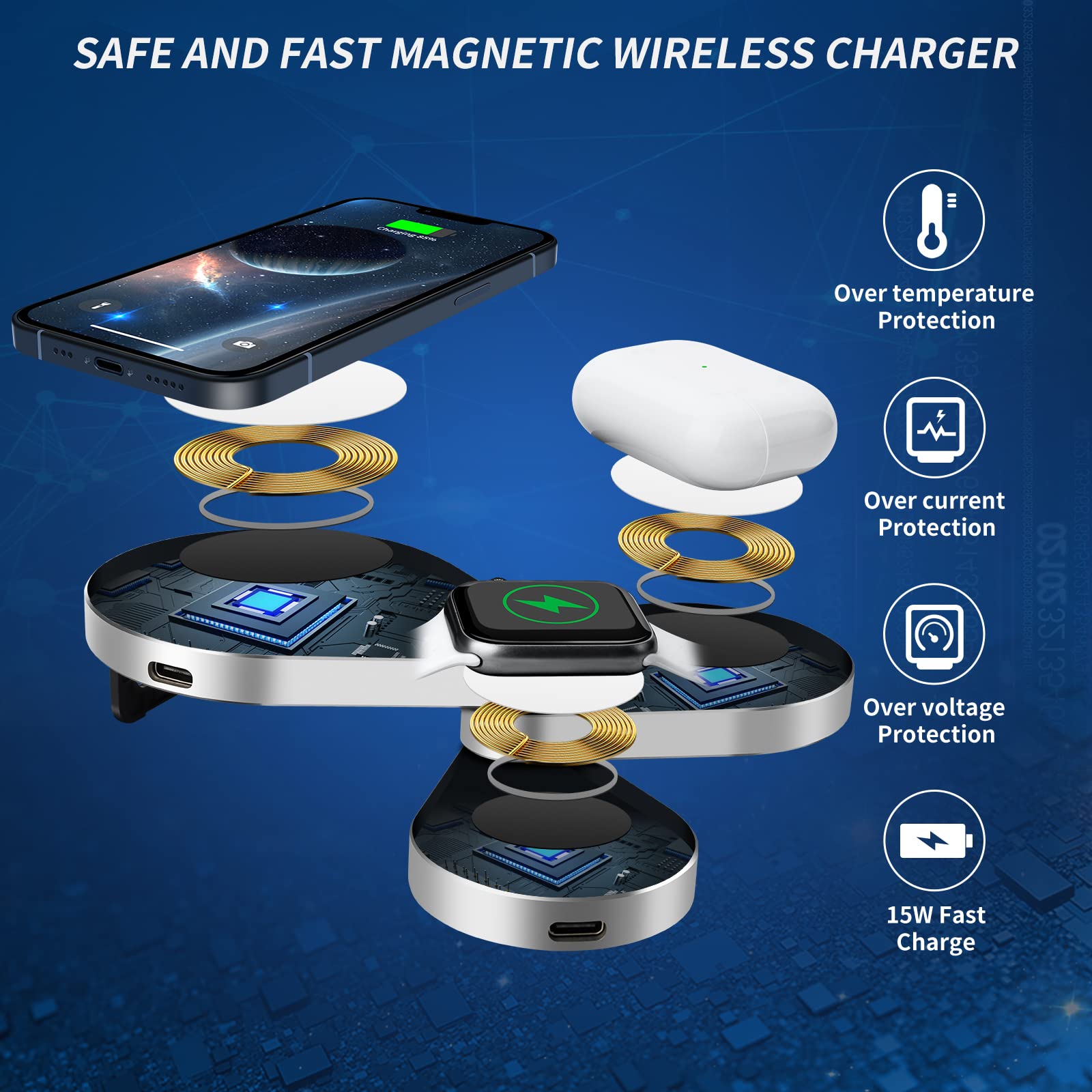 3 in 1 Detachable Magnetic Wireless Charger Stand - 15W Fast Charging Station for iPhone 13/12/11, Apple Watch SE/6/5/4/3/2 & AirPods Pro/2 (Silver) | Foldable Design for Nightstand, Office & Travel Use