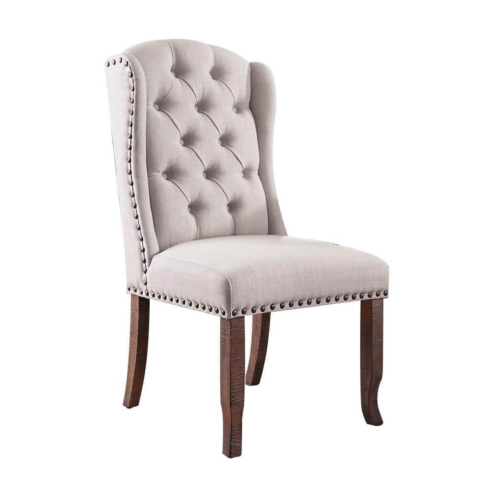 Contemporary Ivory Fabric 2-Piece Tufted Wingback Dining Chairs with Rustic Solid Oak Wood Back - Perfect for Farmhouse Dining Room, Kitchen Nook & Breakfast Nook Decor