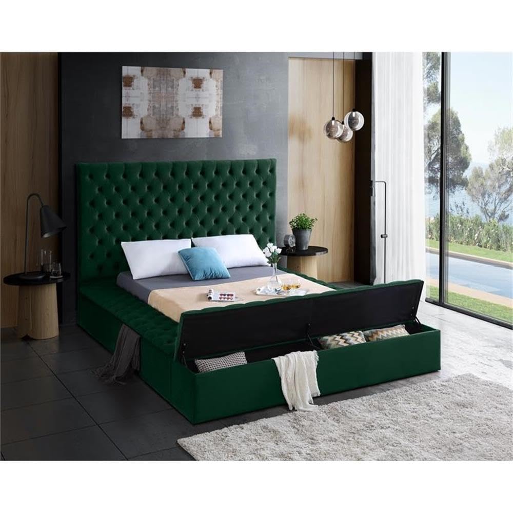 MAKLAINE Contemporary Solid Wood Tufted Velvet King Size Bed Frame in Emerald Green - Luxurious Bedroom Furniture for Modern Master Bedroom Decor