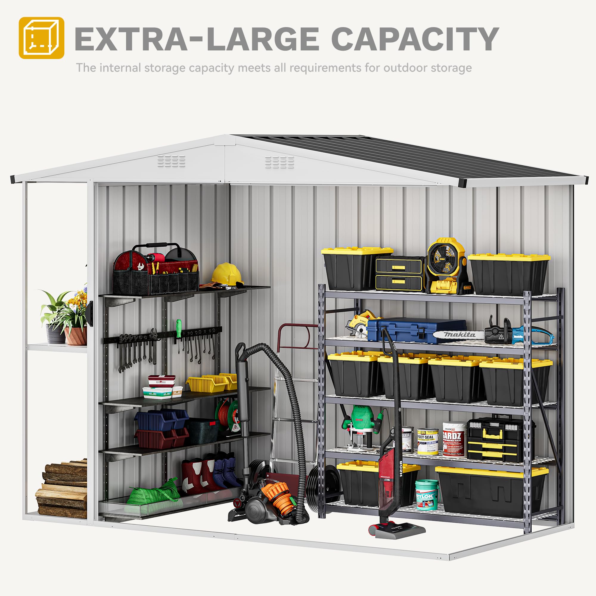 DWVO 8x4FT Outdoor Metal Storage Shed with Rack & Shelves - Heavy Duty Garden Shed for Bike, Tool & Lawn Equipment Storage - Perfect for Backyard, Patio & Garage Organization (Black)