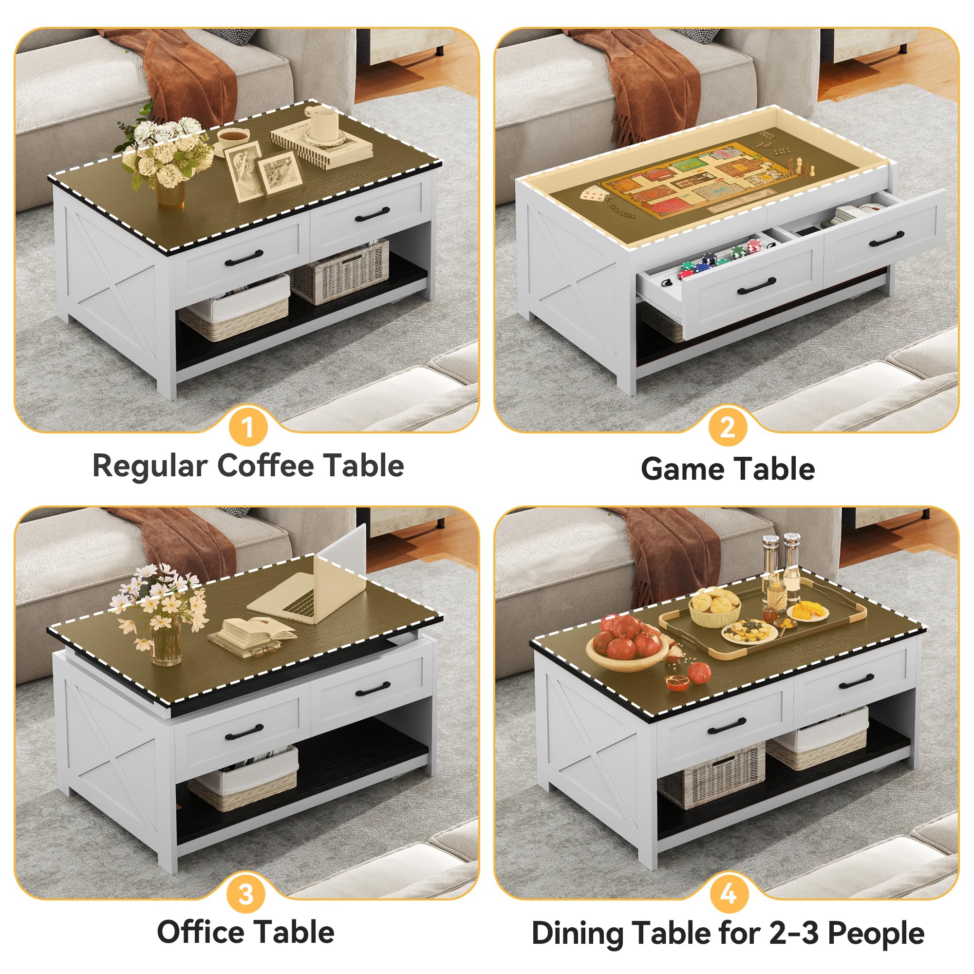 Farmhouse Coffee Table with Play Mat - 3-in-1 Convertible Puzzle Table with 4 Drawers & Built-in Power Outlet, Removable Table Top - Rustic Living Room Furniture for Family Game Nights & Kids Playtime (Black)