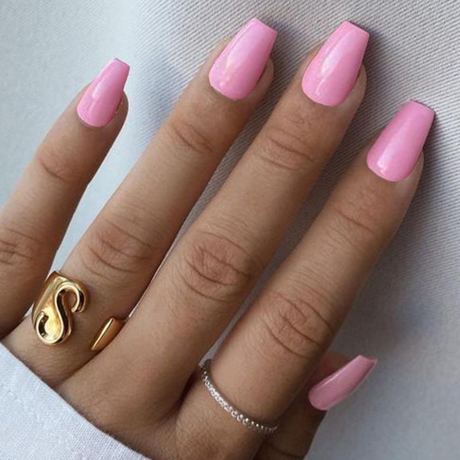 GLAMERMAID Short Coffin Press on Nails - 24Pcs Light Pink Glossy Medium Square Fake Nails with UV Finish | Reusable Acrylic False Nails Manicure Kit for Women | Perfect for Spring Summer, Weddings & Special Occasions