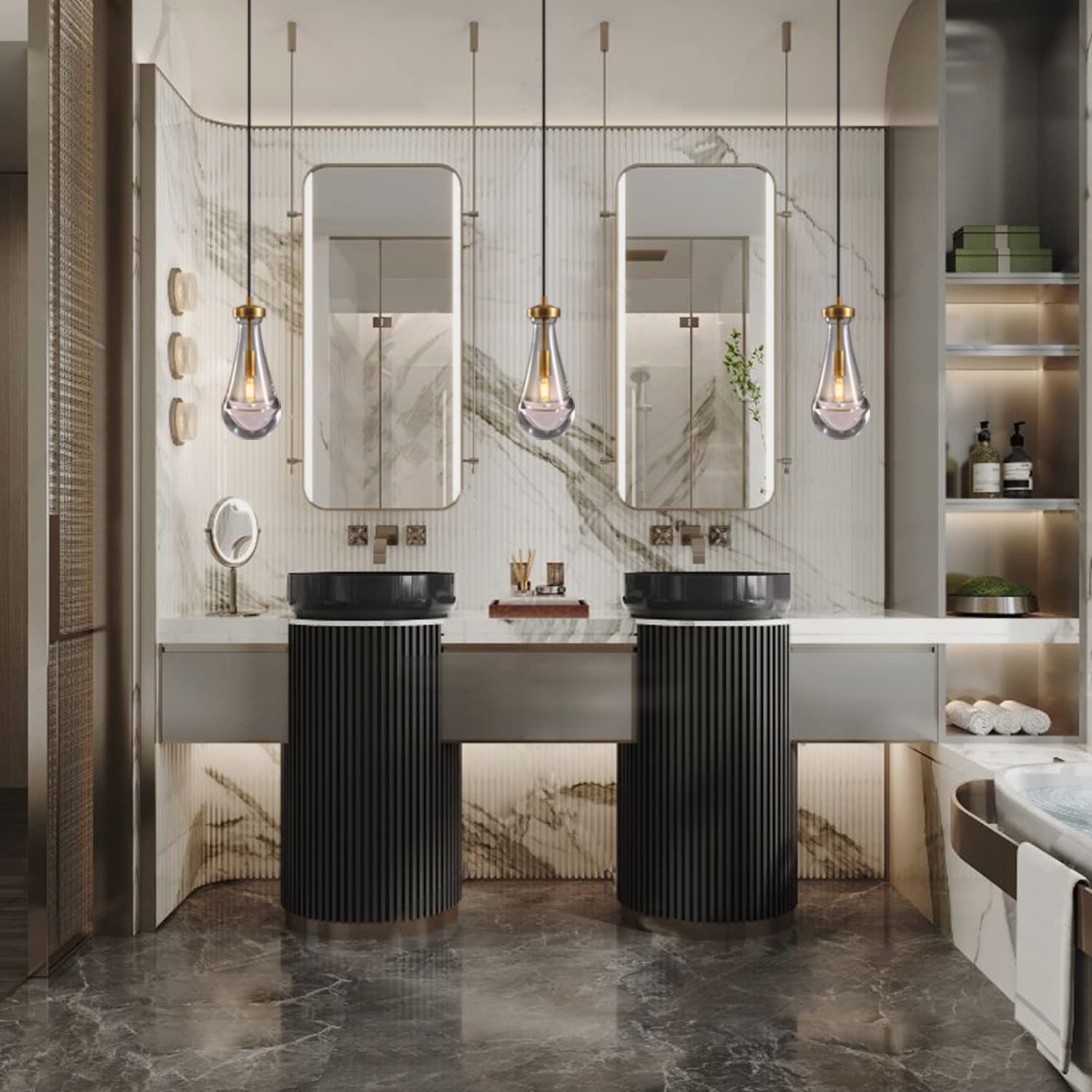 Modern Brass Pendant Light Fixtures Set of 2 with Raindrop Glass, Kitchen Island Lighting, Dining Room Chandelier for Porch, Living Room, Dining Table, E12 LED Bulb, Perfect for Farmhouse, Cafe, and Bedroom Decor