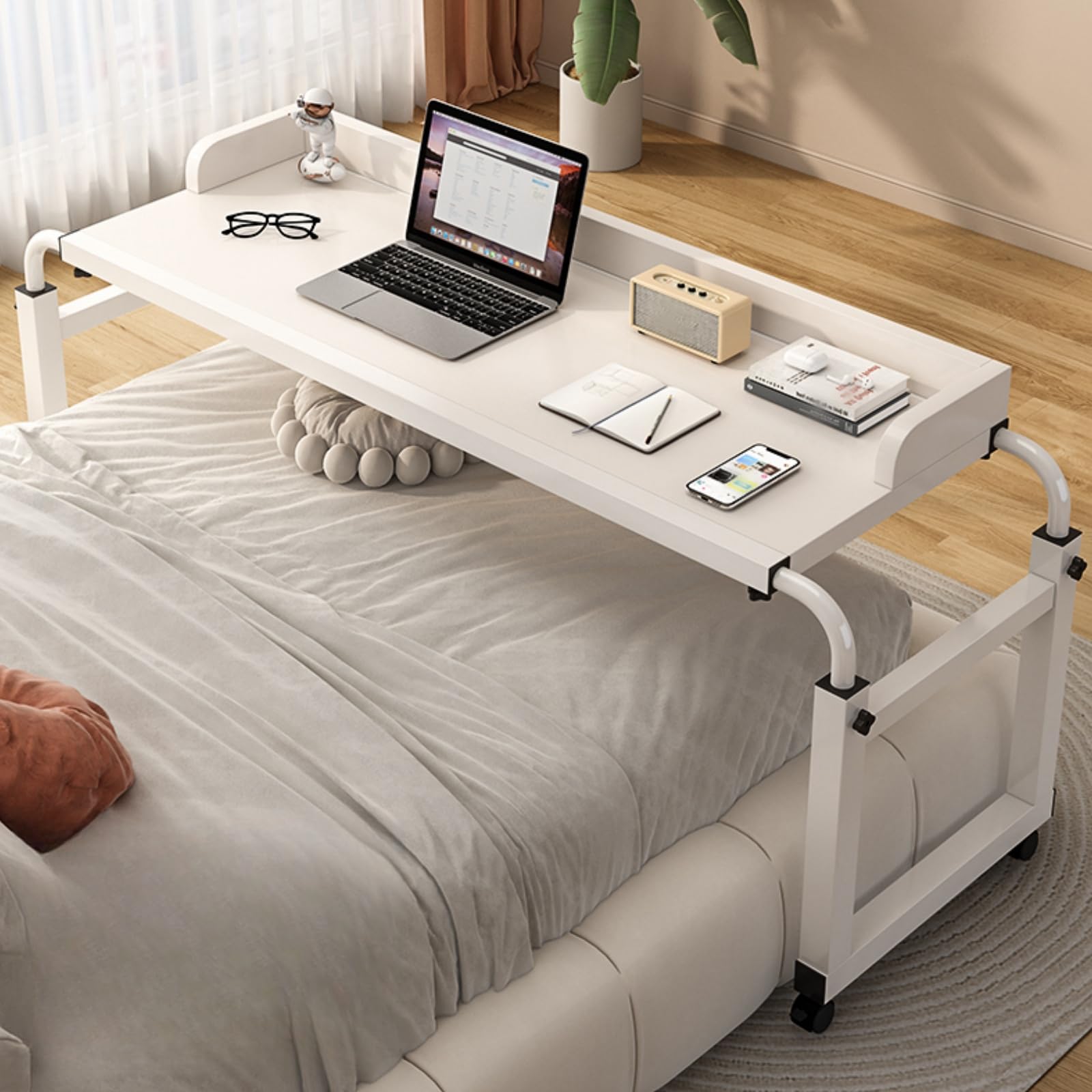 Adjustable Overbed Table with Wheels - Mobile Bed Desk for Laptop, Breakfast, Reading & Work - Height Adjustable Rolling Computer Table for Hospital, Home & Office Use
