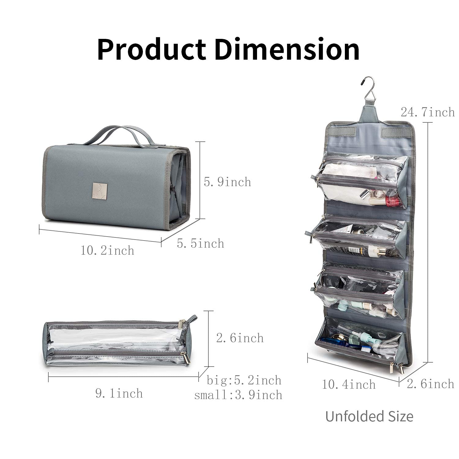 Royal FAIR Hanging Toiletry Bag with 4 Removable PVC Pouches - Large Waterproof Travel Cosmetic Organizer for Makeup & Hygiene Essentials (Grey) - Perfect for Camping, Gym, Business Trips & Vacation Packing