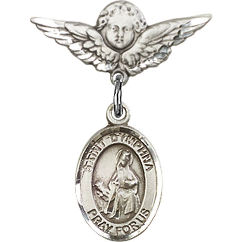 St. Dymphna Sterling Silver Baby Badge with Angel Wing Charm - 7/8 X 3/4 Inch Religious Pin for Baptism, Christening & First Communion Gifts