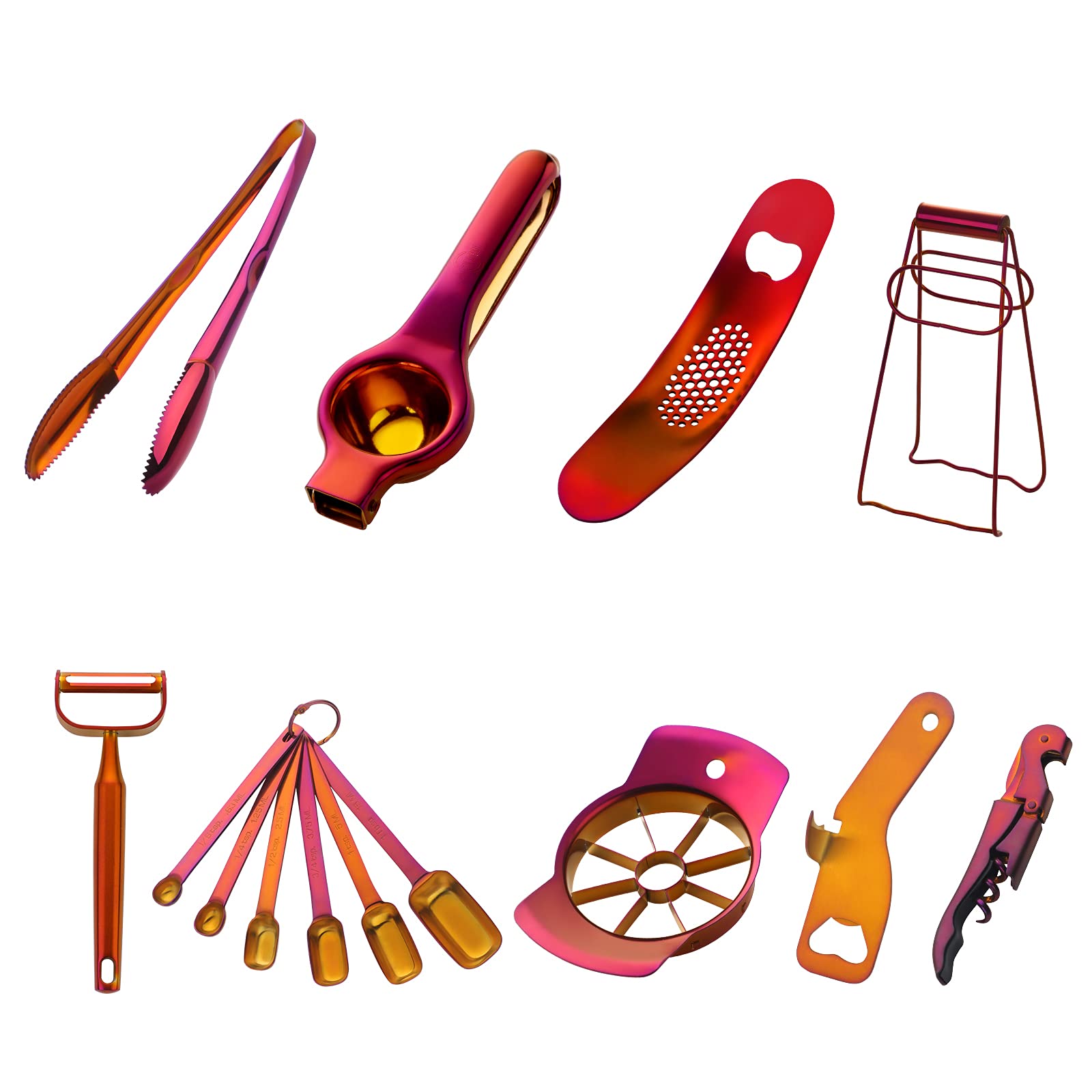Premium 10-in-1 Kitchen Tools Set - Orange Garlic Press, Bottle Opener, Measuring Spoons, Lemon Squeezer, Vegetable Peeler, Apple Cutter, Tongs & More - Dishwasher Safe for Easy Cleaning - Perfect for Cooking, Baking, Meal Prep & Entertaining