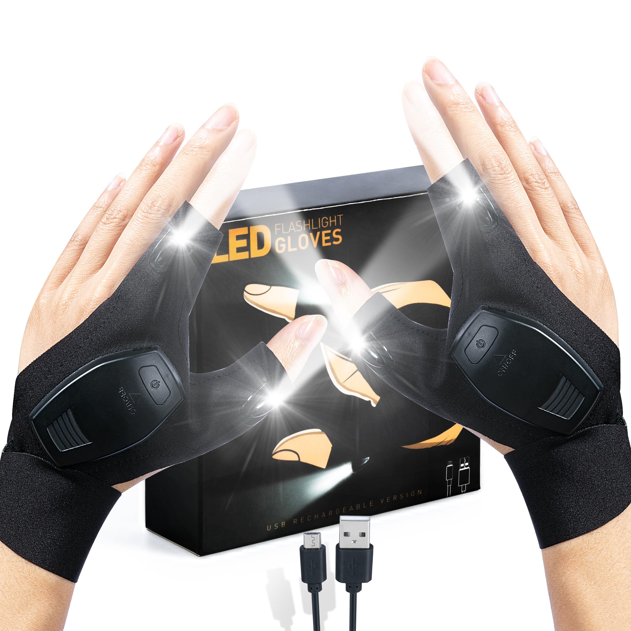 Rechargeable LED Flashlight Gloves for Men - USB Powered Hands-Free Lighting for Repair, Fishing, Camping - Perfect Father's Day, Christmas & Birthday Gift for Dad, Boyfriend, Husband - Black (USB110)