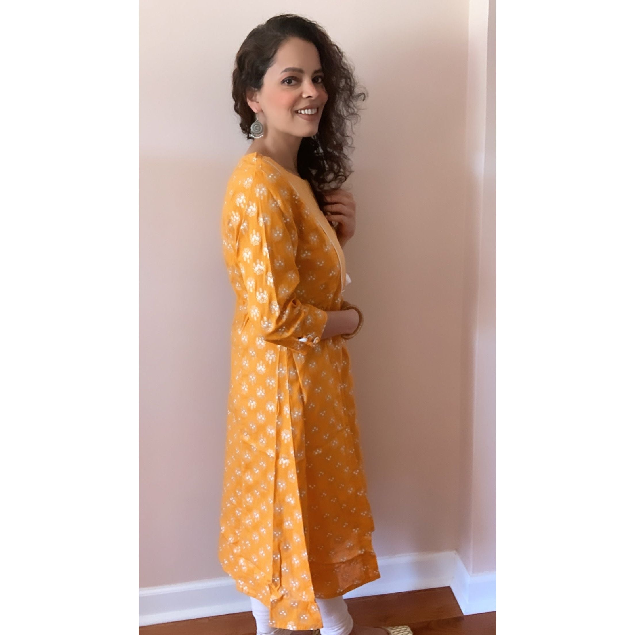 Stylish Yellow and White Printed Kurta for Women - Comfortable Ethnic Tunic Top for Casual Wear, Festivals, and Special Occasions