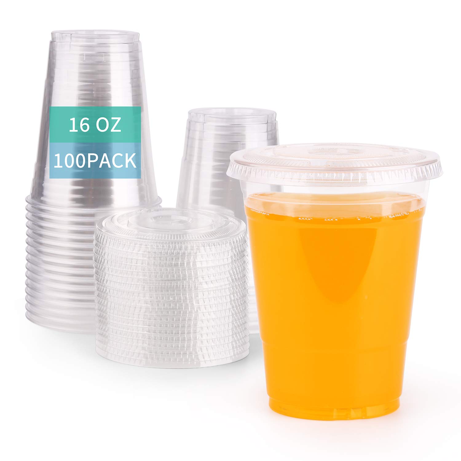 FULING 100-Pack 16 oz Clear Plastic Cups with Slot Lids - BPA Free PET Crystal Disposable Drinking Cups for Parties, Picnics, and Events - 16oz Plastic Cups with Lids for Smoothies, Iced Coffee & Beverages