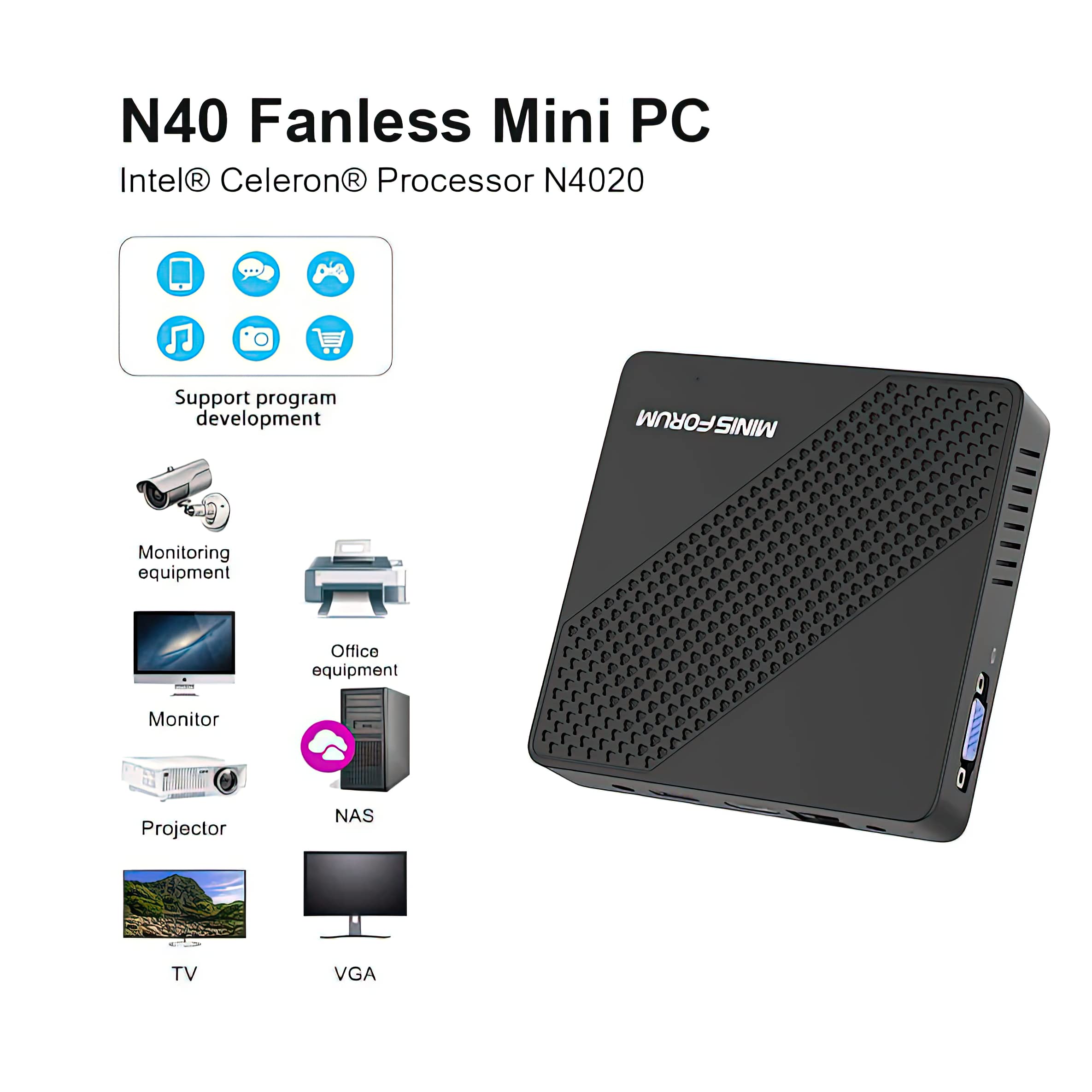 MINISFORUM N40 Fanless Mini PC - Silent Desktop Computer with Intel Celeron N4020 (Up to 2.8GHz), 4GB RAM, 64GB eMMC, Dual HDMI & VGA, Gigabit LAN, Auto Power On - Perfect for Home Office, Digital Signage, and Light Computing Tasks