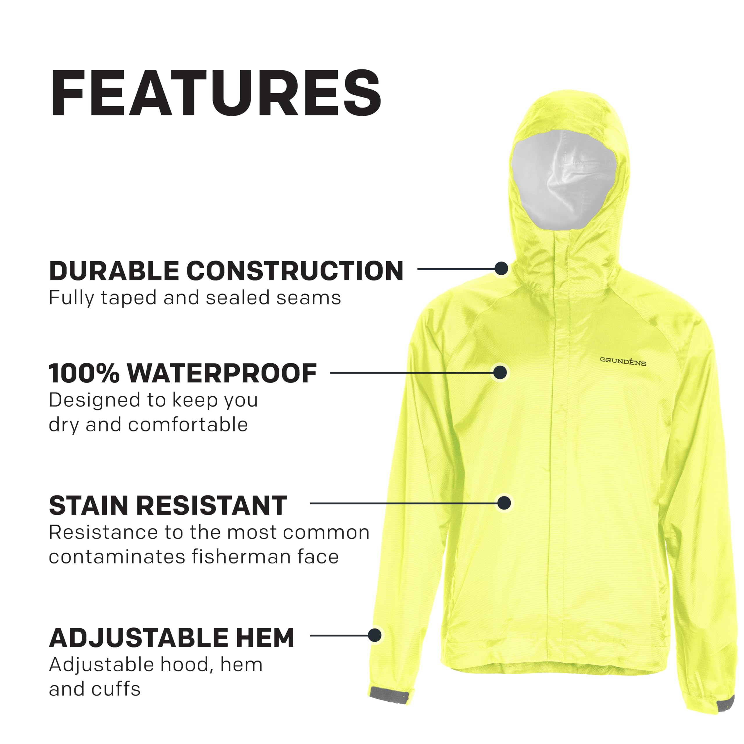 Grundéns Men’s Waterproof Fishing Jacket - Heavy Duty Breathable Raincoat with Hood, Hi-Vis Yellow, X-Large - Ideal for Sport Fishing, Boating & Outdoor Adventures