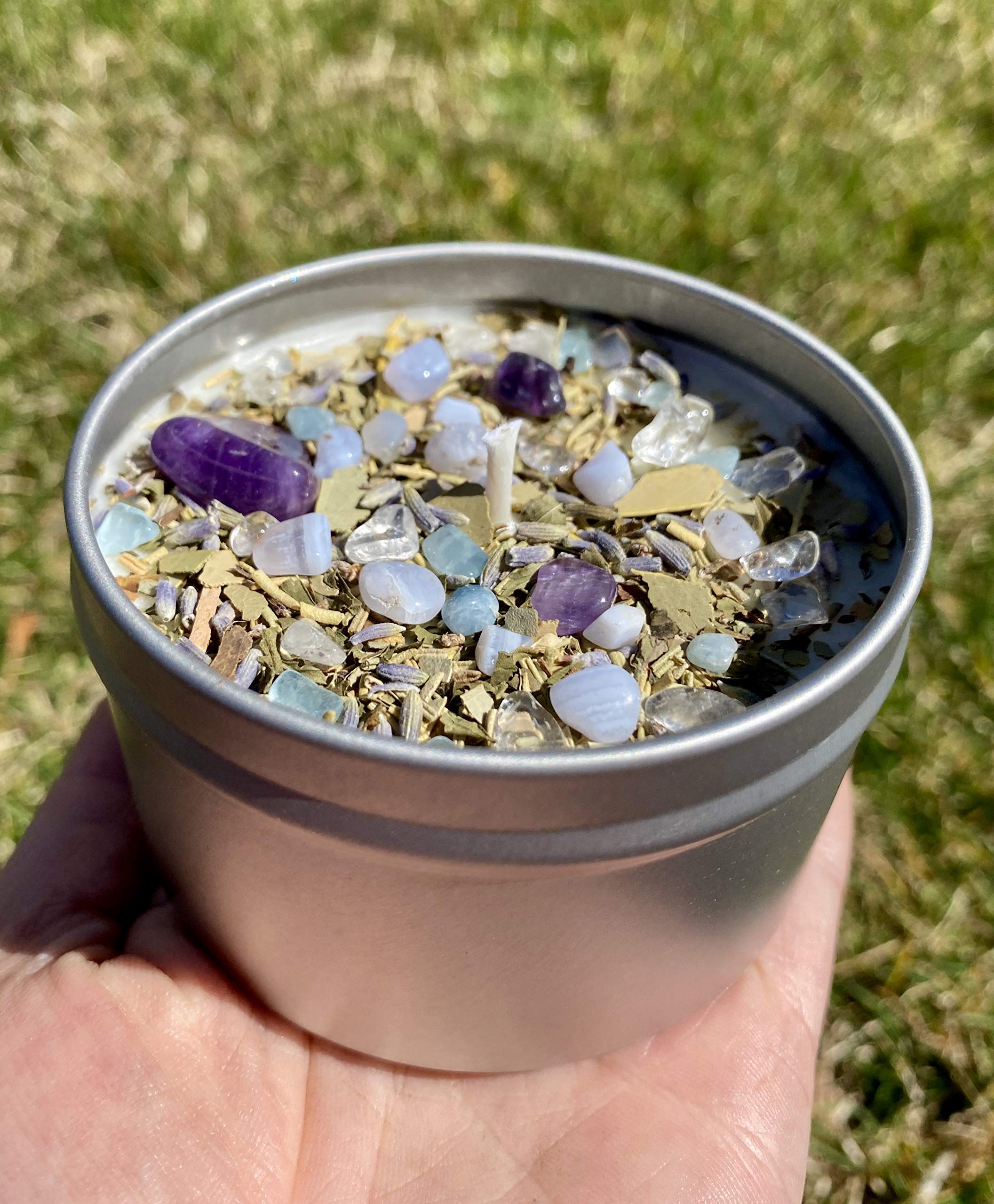 New Moon Beginnings Peaceful Home® Soy Candle - Stress Relief & Energy Clearing with Natural Essential Oils & Crystals - 8oz Tin Candle for Relaxation, Meditation & Home Decor