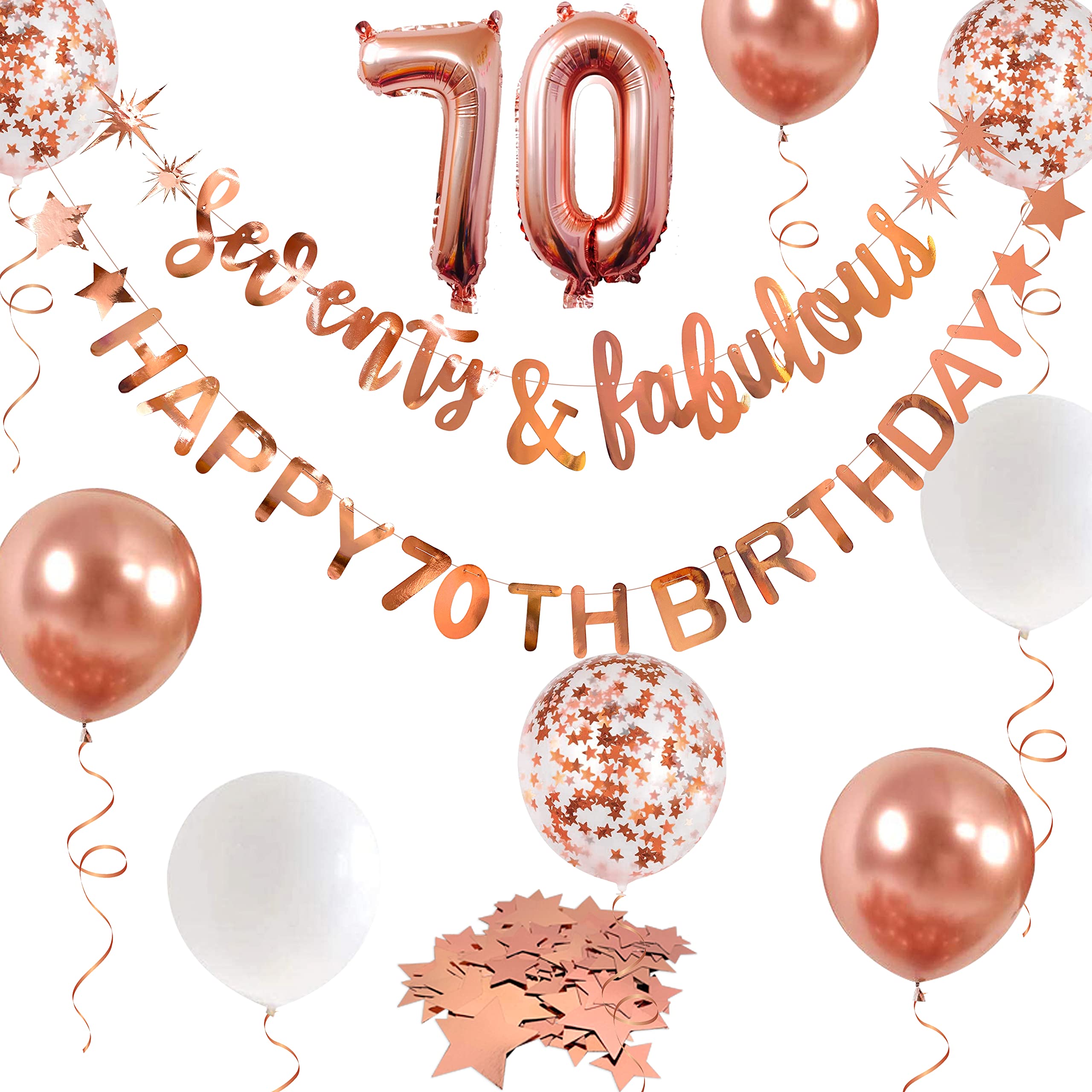 70th Birthday Decorations - Rose Gold '70 & Fabulous' Banner, Garland & Foil Balloons for Women | Cheers to 70 Years Party Supplies | Perfect for Milestone Birthday Backdrops, Hanging Decor & Celebration Photo Ops