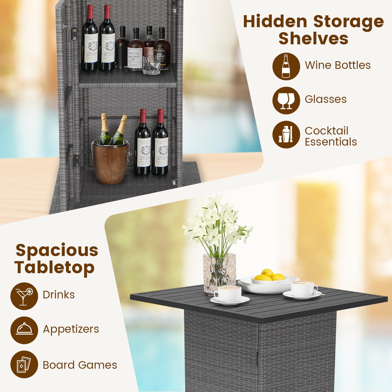 Outdoor Rattan Bar Set with 4 Stools - 5-Piece Patio Wicker Bar Table & Chairs, Heavy-Duty Steel Frame & Included Cushions - Perfect for Backyard, Poolside, or Garden Entertaining