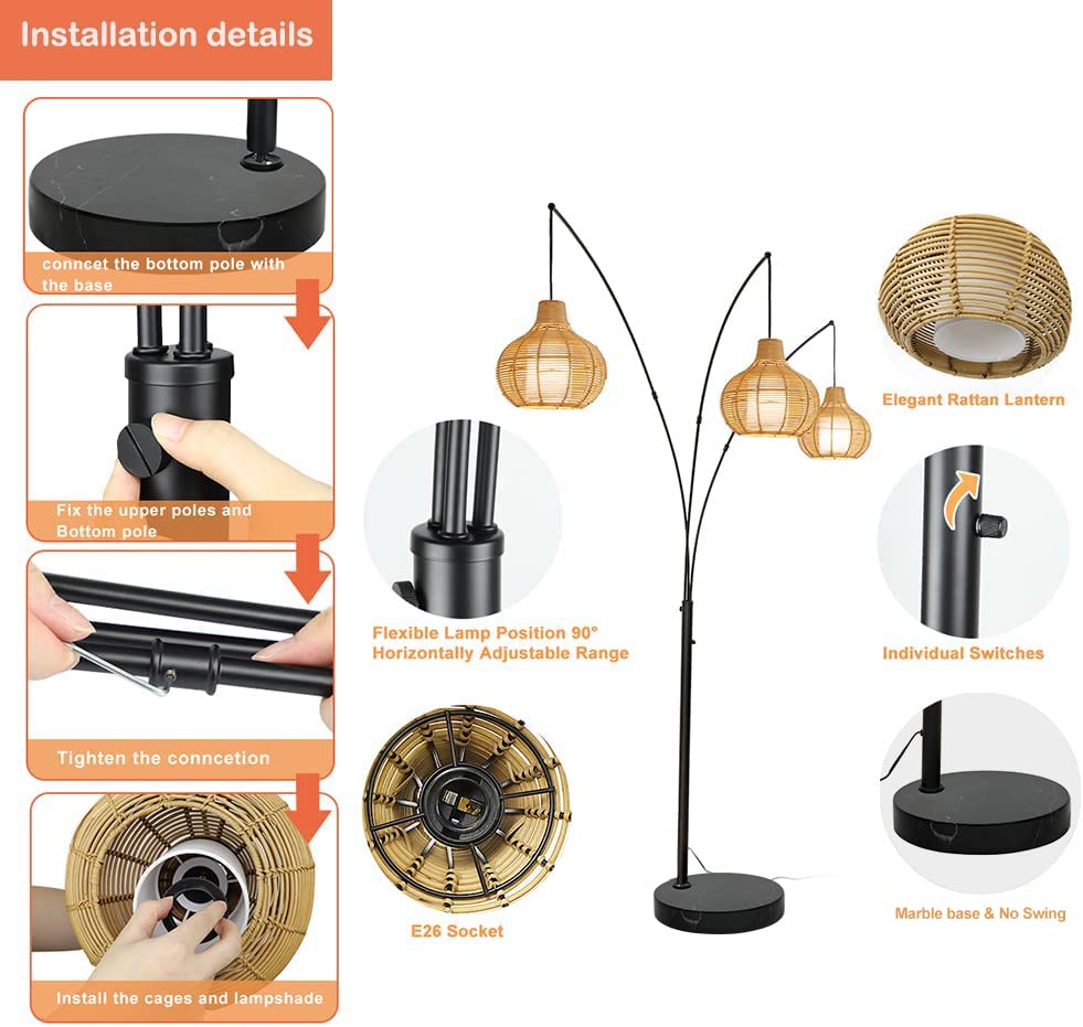 Depuley 3-Light LED Arc Floor Lamp - Adjustable Modern Standing Reading Light with Bamboo Shade & Marble Base, Tall Rattan Floor Lamp for Living Room, Bedroom, Office - E26 Bulbs Included - Perfect for Cozy Reading Nooks & Modern Home Decor