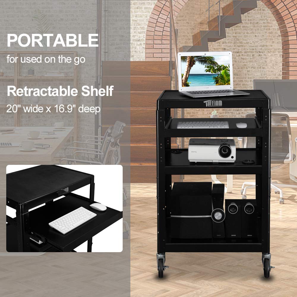TUFFIOM AV Presentation Cart for Video Projector & Laptop - Mobile Workstation Utility Media Cart with Keyboard Shelf - Rolling Storage Stand for School, Classroom & Office Use - Perfect for Presentations, Meetings & Digital Learning