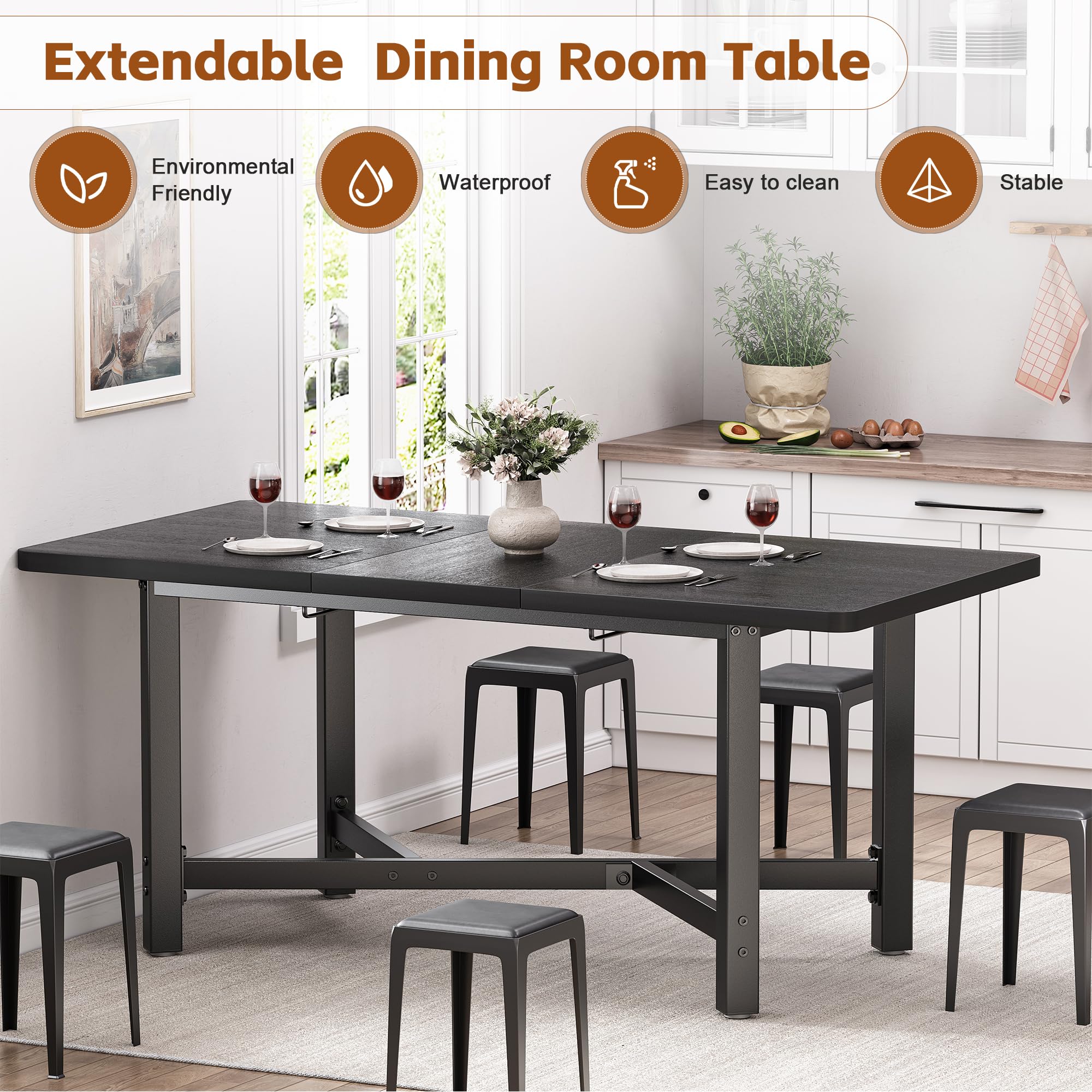 Extendable Wood Dining Table for 4-6 People, Space Saving Kitchen & Dining Room Table Set, Modern Black Wooden Dinner Table for Small Spaces - Perfect for Family Meals, Dinner Parties & Compact Apartments