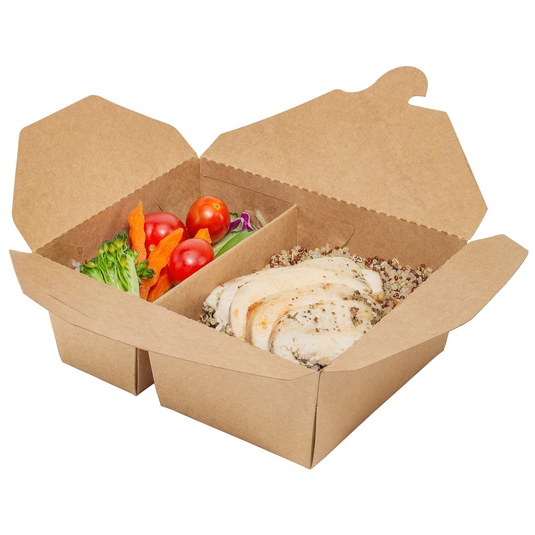 Eco-Friendly 47oz Kraft Paper Takeout Containers - 200 Pack 2-Compartment Greaseproof Food Boxes with Secure Tab-Lock | Ideal for Restaurants, Catering & Meal Prep | Safe for Hot/Cold Foods, Perfect for Takeout, Delivery & Leftovers