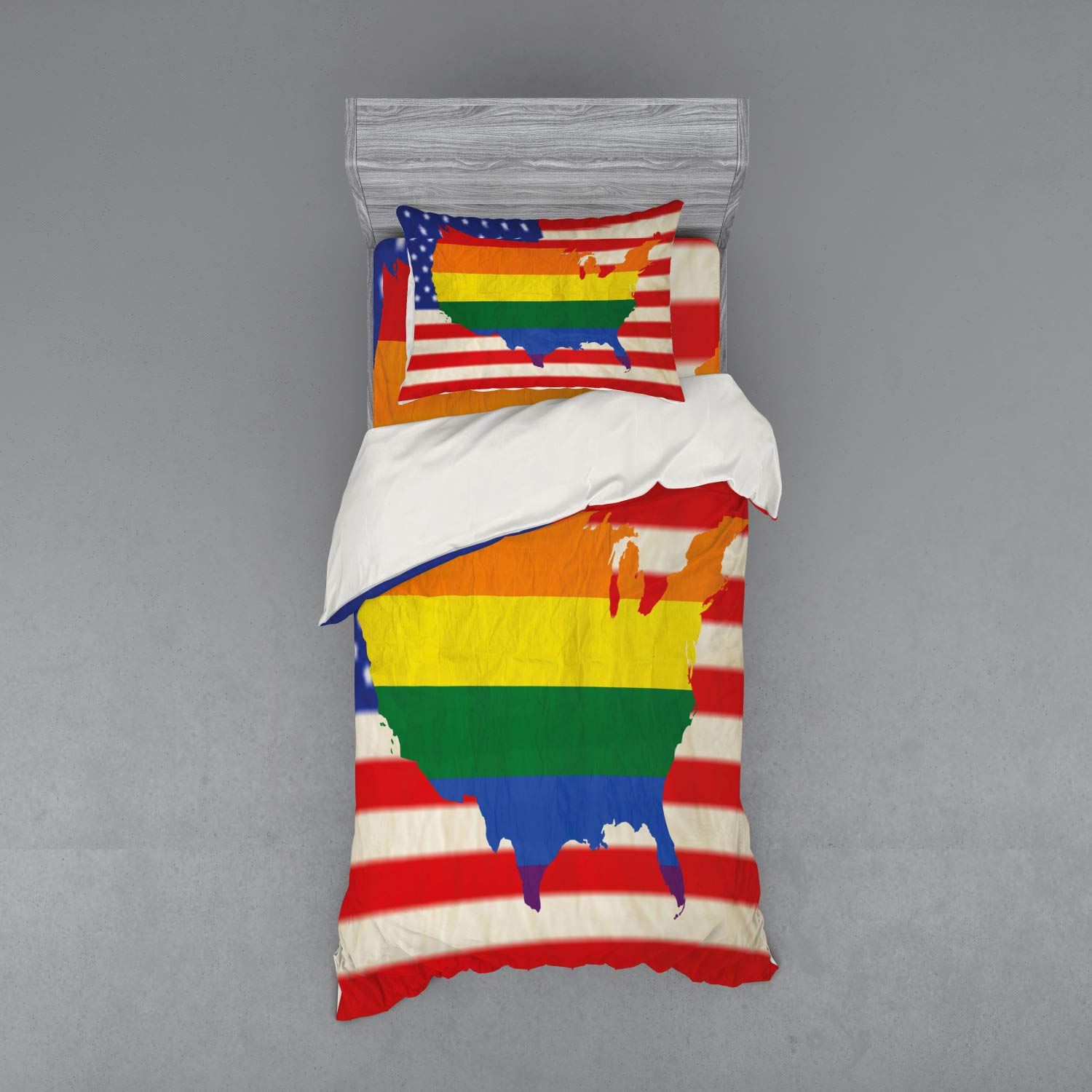 Ambesonne Pride Bedding Set - 3 Piece Duvet Cover with Sham & Fitted Sheet, Twin Size, USA Flag Rainbow Design for LGBTQ+ Equality & Gay Marriage Rights | Perfect for Pride Month, Bedroom Decor & Themed Events