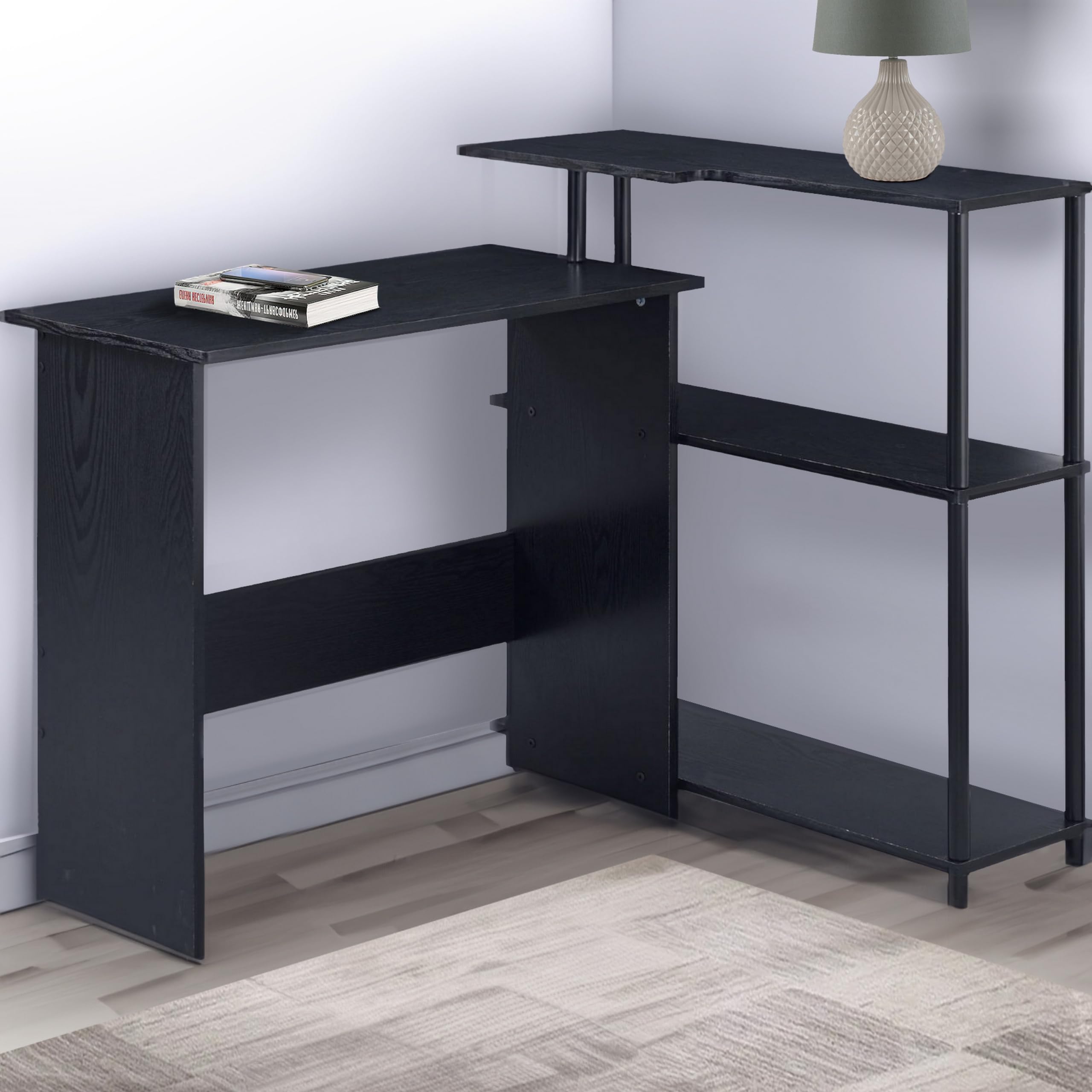Benjara Black L-Shaped Writing Desk with 3-Tier Wooden Shelves - Home Office Desk for Small Spaces, Study & Workspace Organization