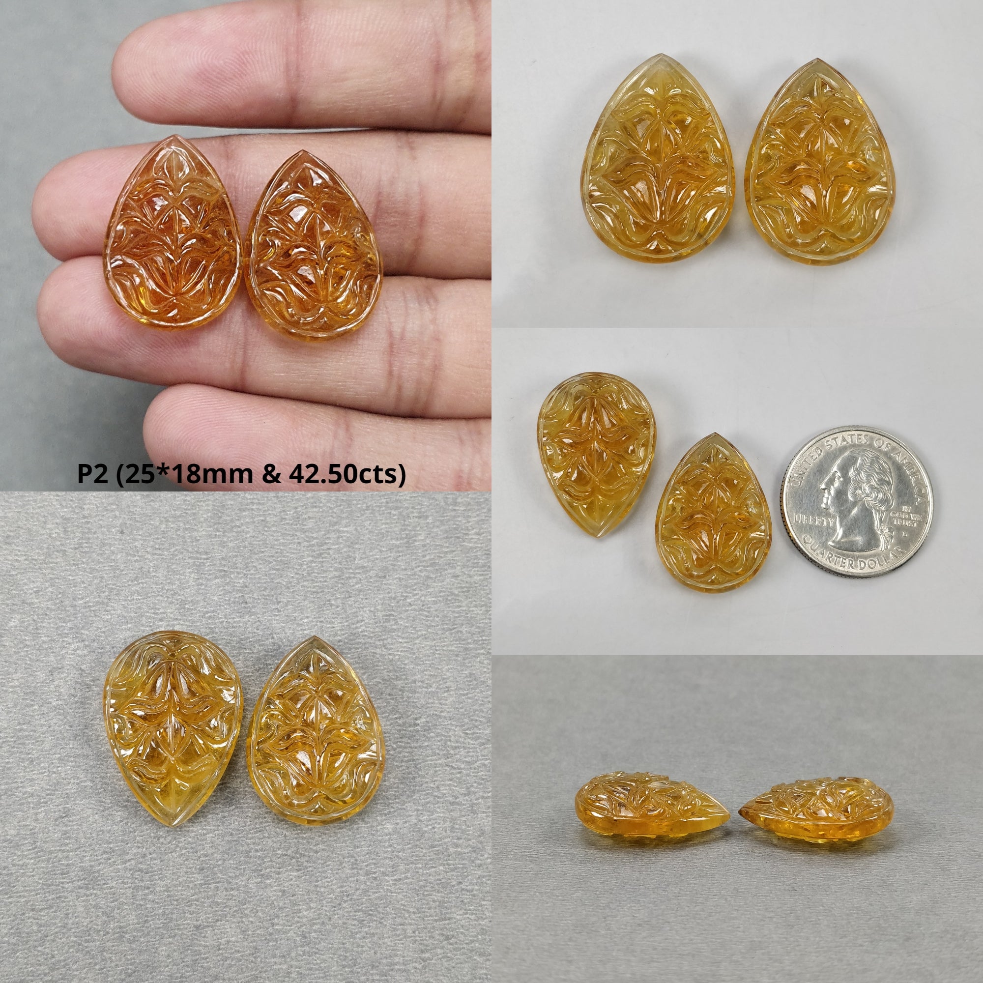 Natural Untreated Yellow Citrine Gemstone Carving - Hand Carved Pear & Triangle Shape Pairs for Earrings | Jewelry Making, DIY Crafts, Gift for Her