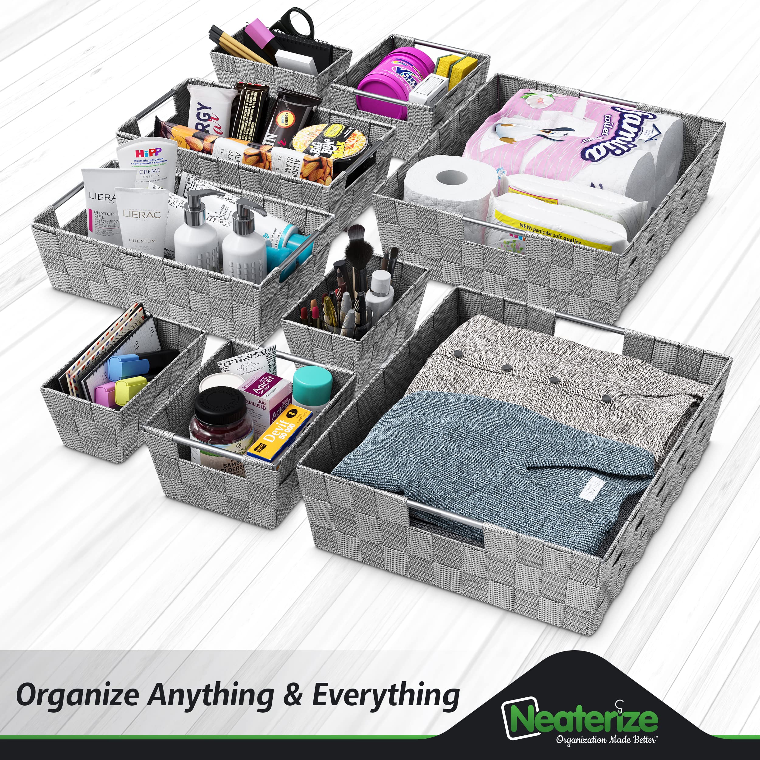 9-Piece Dark Grey Storage Basket Set - Organizing Bins for Shelves, Closet, Bathroom & Pantry - Small Decorative Storage Baskets for Home Organization - Perfect for Bedroom, Laundry Room & Office