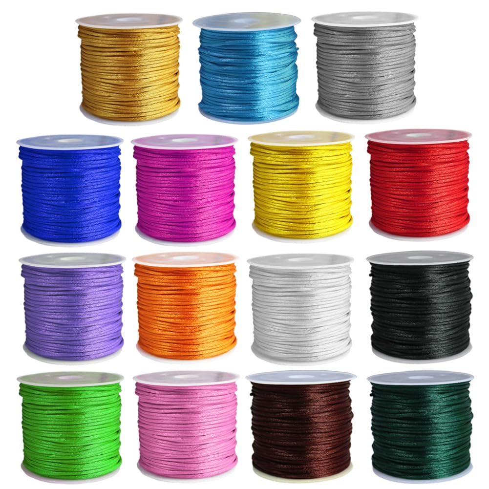15 Rolls Satin Nylon String for Jewelry Making - Bracelets, Necklaces & Keychains | 1.5mm Rattail Cord for Beading & Macrame Crafts