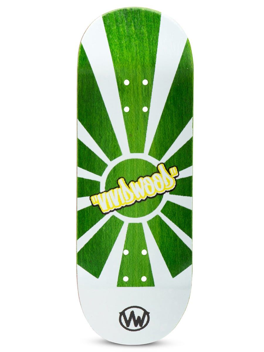 VividWood Fingerboard Deck - Green Sunrise Design | Mini Skateboard for Finger Tricks & Stunts | Perfect for Skateboarding Enthusiasts & Collectors