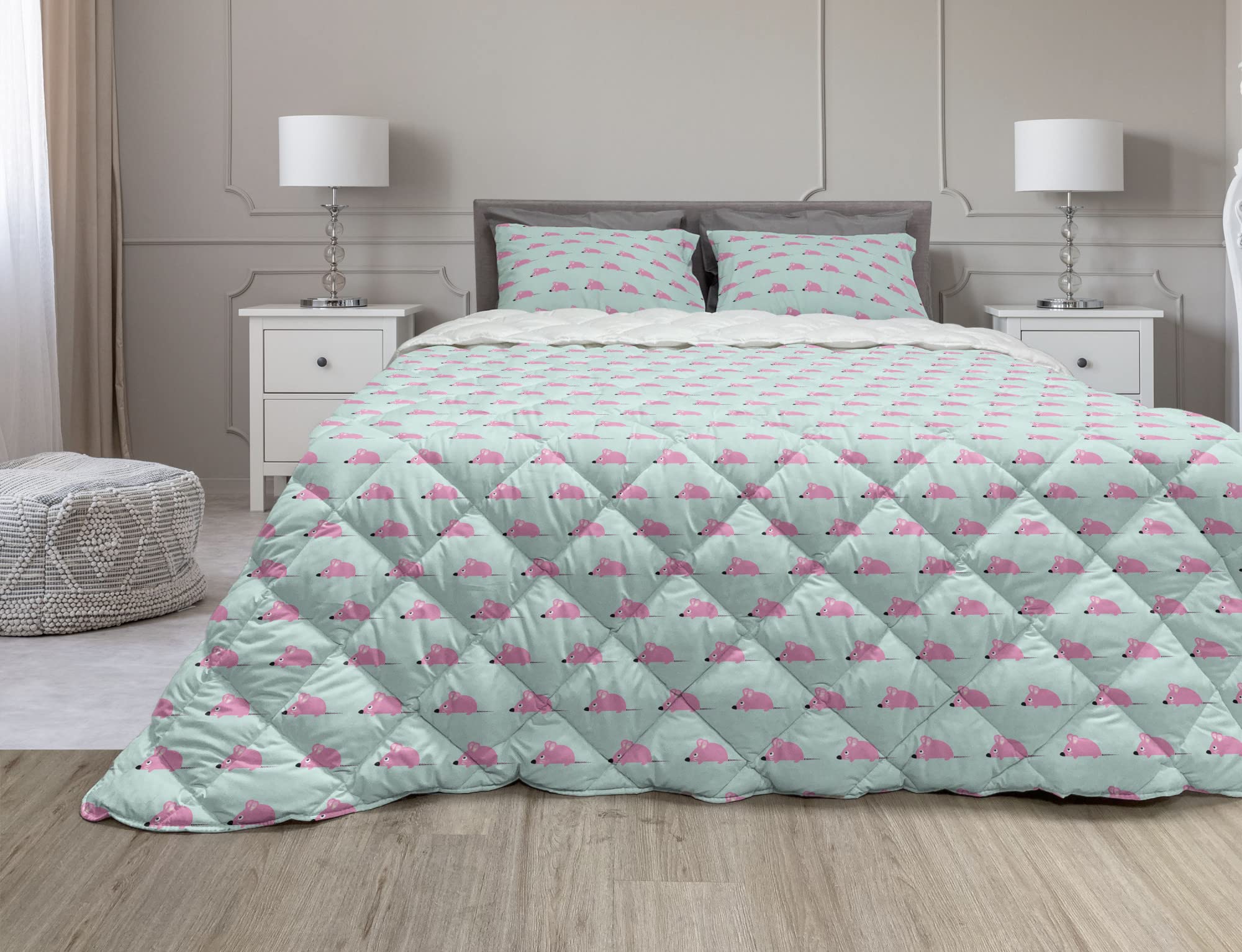Ambesonne Funny Mice Cartoon Bedding Set - 2 Piece Microfiber Duvet Cover & Sham with Smiling Rodent Print, Twin XL Size in Pale Seafoam & Pink | Soft Comforter for Kids' Room, Teen Bedroom or Guest Bed