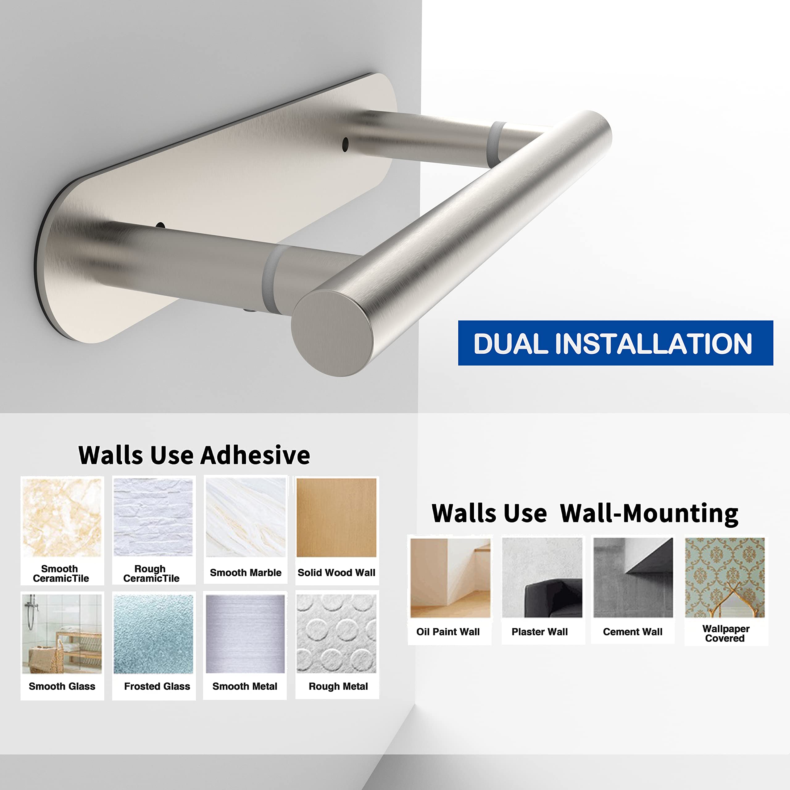 Ruacq Self-Adhesive Toilet Paper Holder - Brushed Stainless Steel 304, Double Post Pivoting Design, Wall Mounted or Stick-On Bathroom Tissue Roll Holder - Perfect for Modern Homes, Apartments & RVs