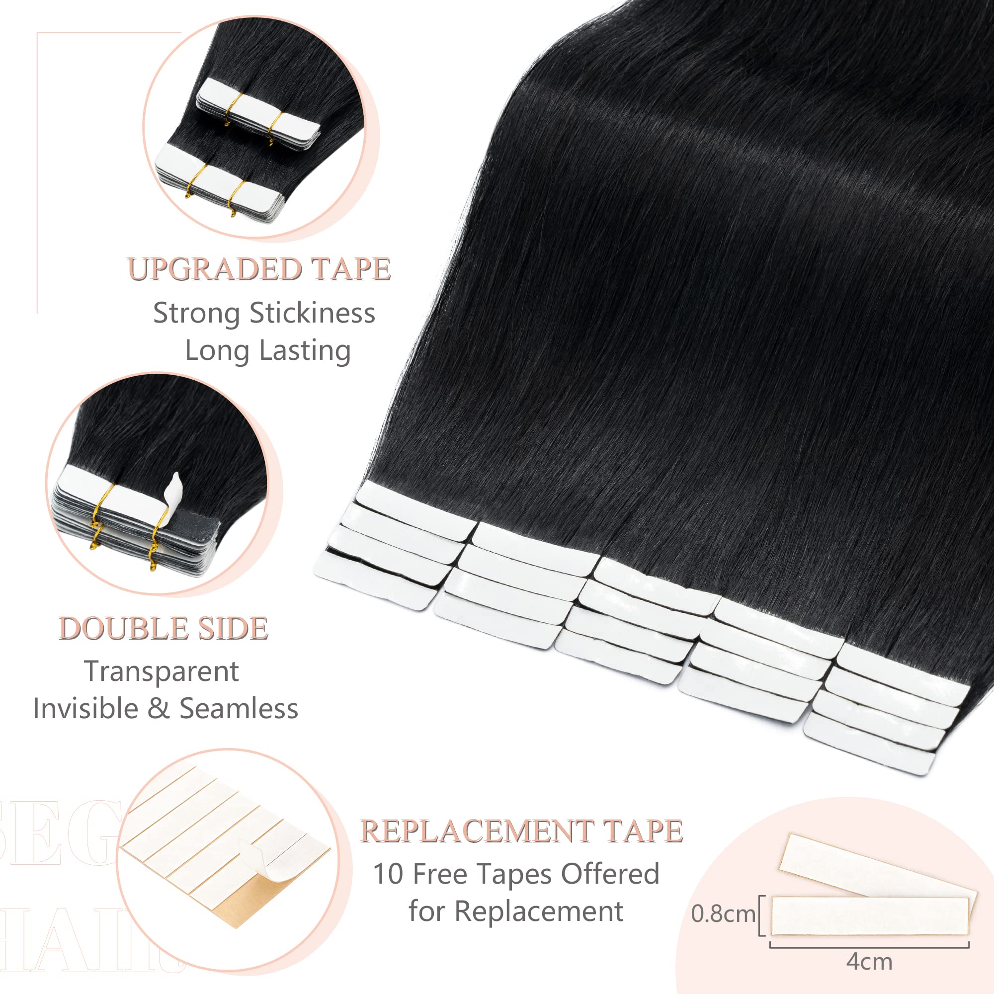 SEGO Tape In Human Hair Extensions 20pcs Jet Black 20