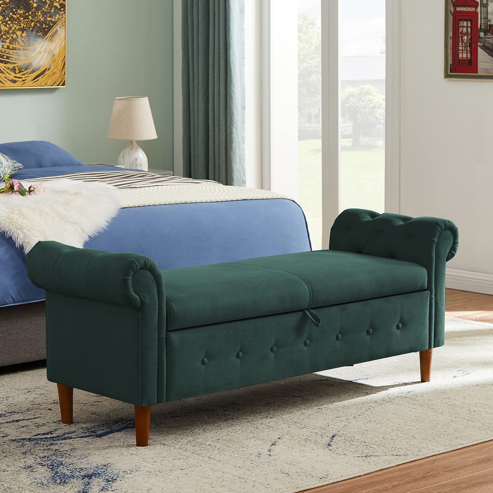 Modern Rolled Arm Storage Ottoman Bench - Multifunctional Rectangular Sofa Stool with Linen Fabric, Green Storage Ottoman for Bedroom, Entryway, Hallway & Living Room - Perfect for Extra Seating, Hidden Storage & Home Decor