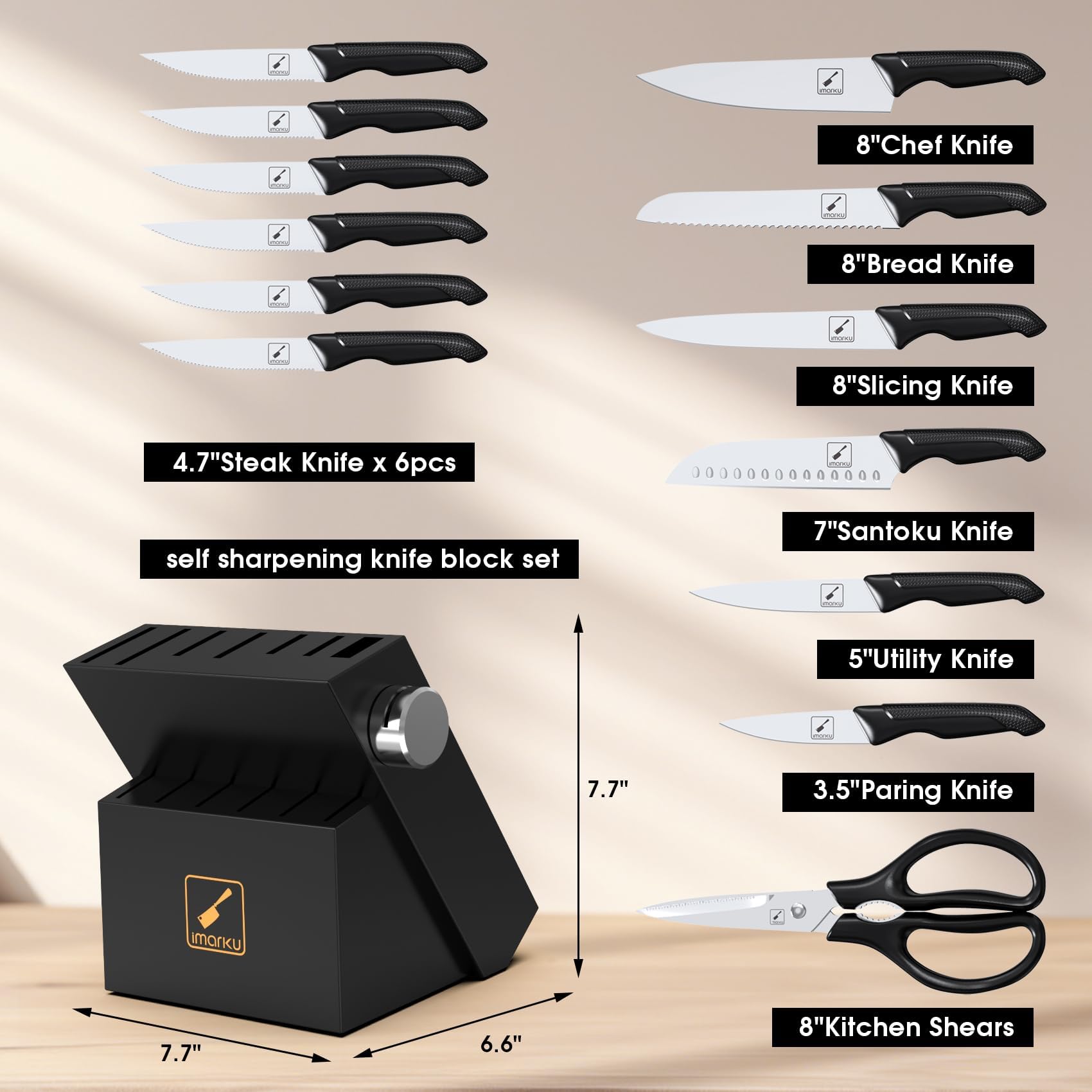 IMARKU 14-Piece Professional Knife Set with Block - Stainless Steel Kitchen Knives with Built-in Sharpener, Non-Slip Ergonomic Handles, Dishwasher Safe - Perfect for Home Chefs, Cooking Enthusiasts & Gift Giving