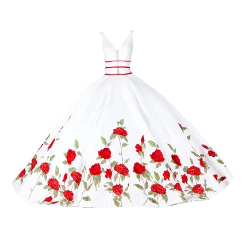 Elegant Red Floral Embroidery V-Neck Satin A-Line Quinceañera Dress | Mexican Sweet 15 Wedding Gown 2025 | Perfect for Quince Celebrations, Formal Dances & Special Occasions