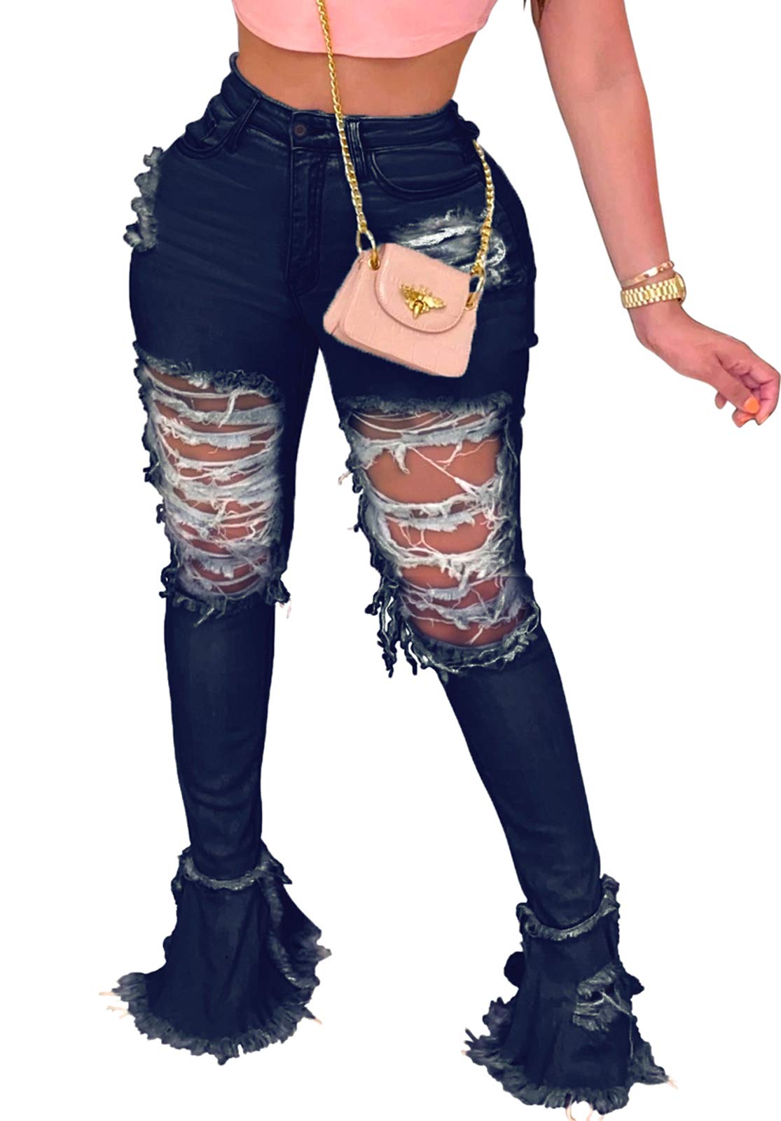 Women's High Waisted Bell Bottom Jeans - Distressed Ripped Flare Denim Pants with Elastic Waist & Raw Hem | Retro 70s Vintage Style for Casual Outfits & Music Festivals