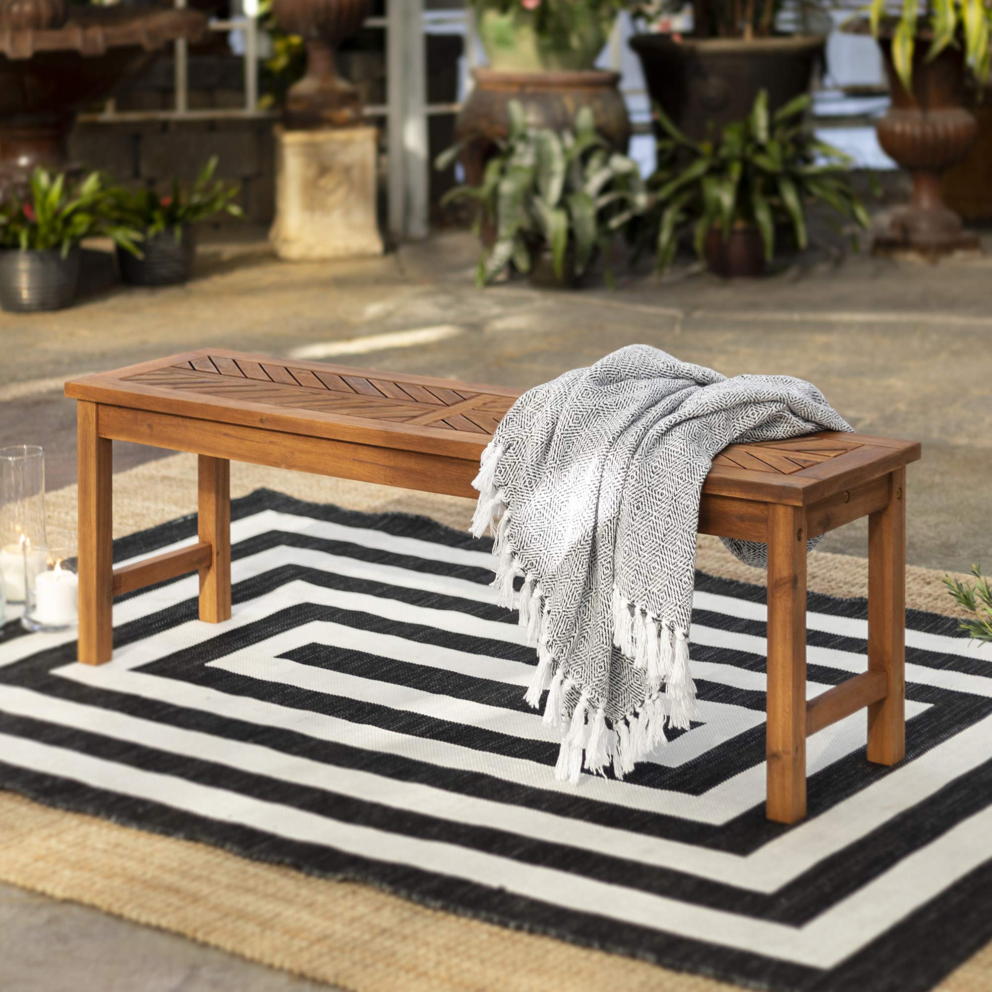 Walker Edison 7-Piece Outdoor Wood Chevron Patio Dining Set - Extendable Table, 4 Chairs & Bench - All-Weather Brown Furniture for Backyard, Garden, Poolside, Balcony - Perfect for Outdoor Entertaining & Family Gatherings