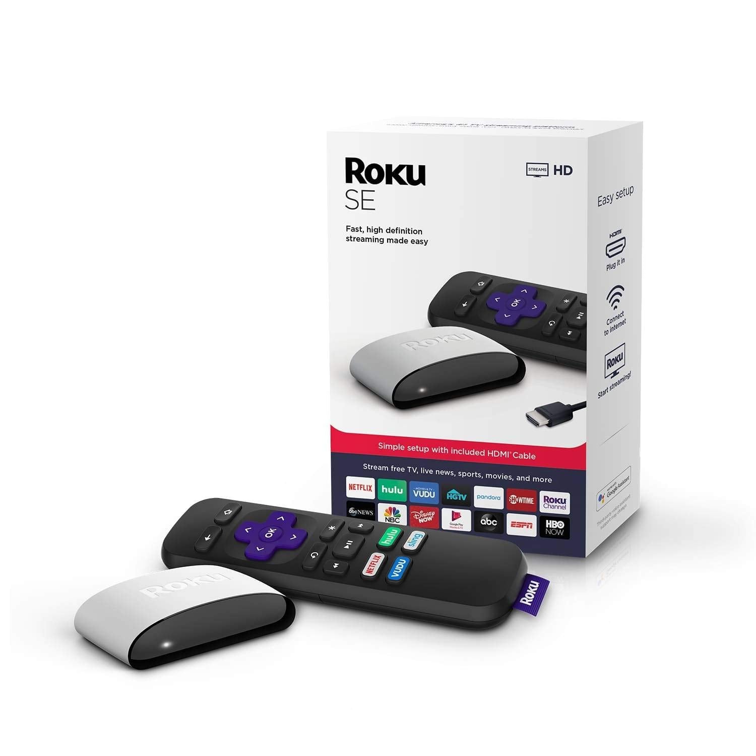 Roku SE Streaming Media Player 3930SE with High Speed HDMI Cable - 4K/HDR Streaming Device for Netflix, Hulu, Disney+ - Perfect for Home Entertainment & Smart TV Setup (White)