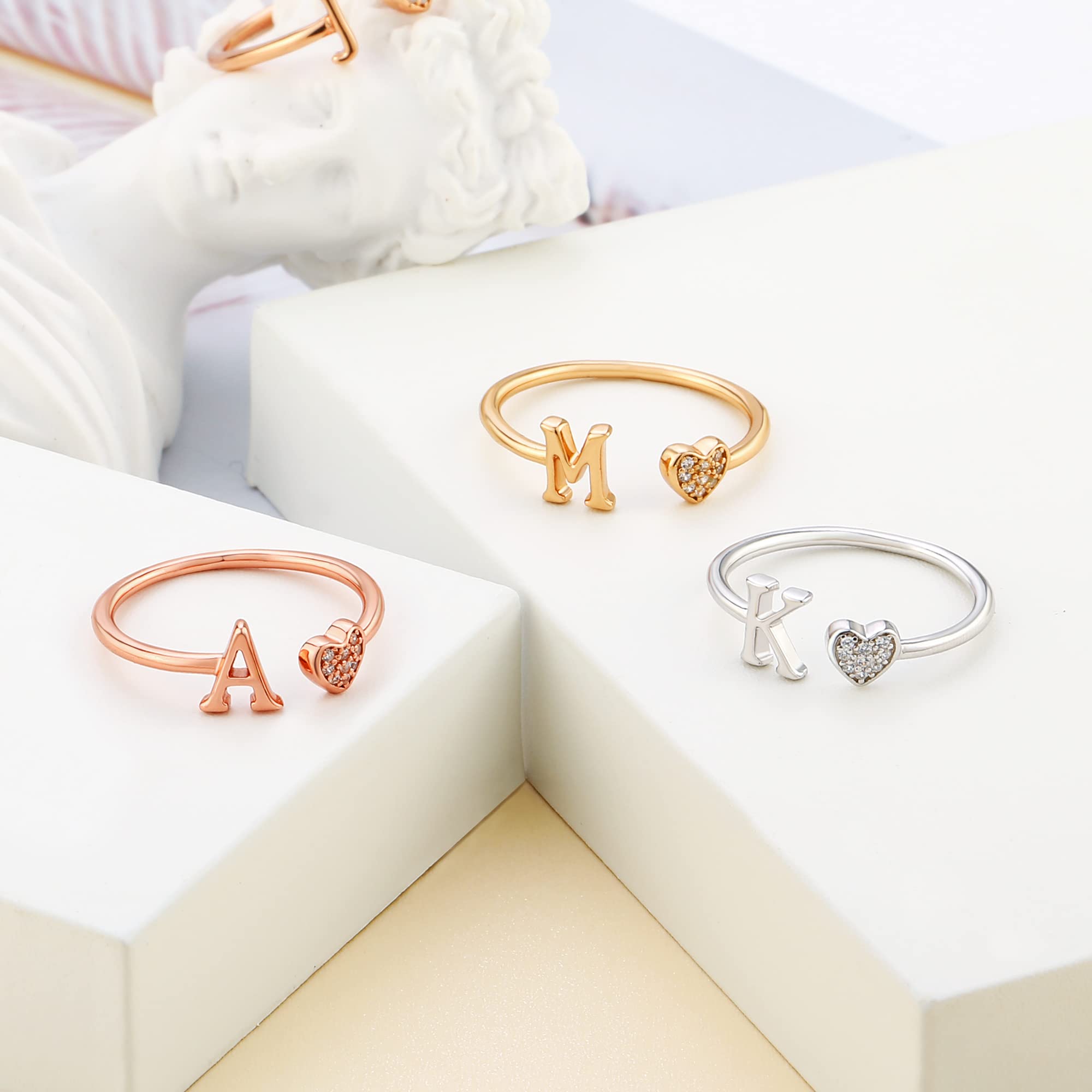925 Sterling Silver Heart Initial Rings for Women - Personalized Adjustable Letter Rings, Stackable Jewelry - Perfect Gift for Her, Birthday, Anniversary & Valentine's Day
