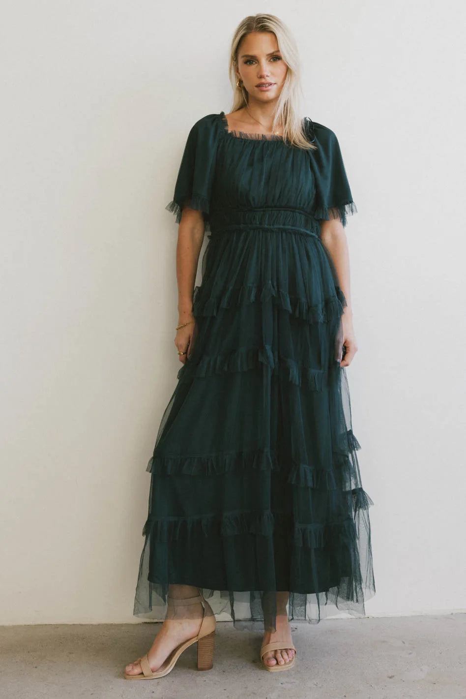 Eugena Ruffled Maxi Dress in Hunter Green - Flowy Summer Dress for Women, Beach Wedding Guest Outfit, Boho Chic Fashion | Final Sale